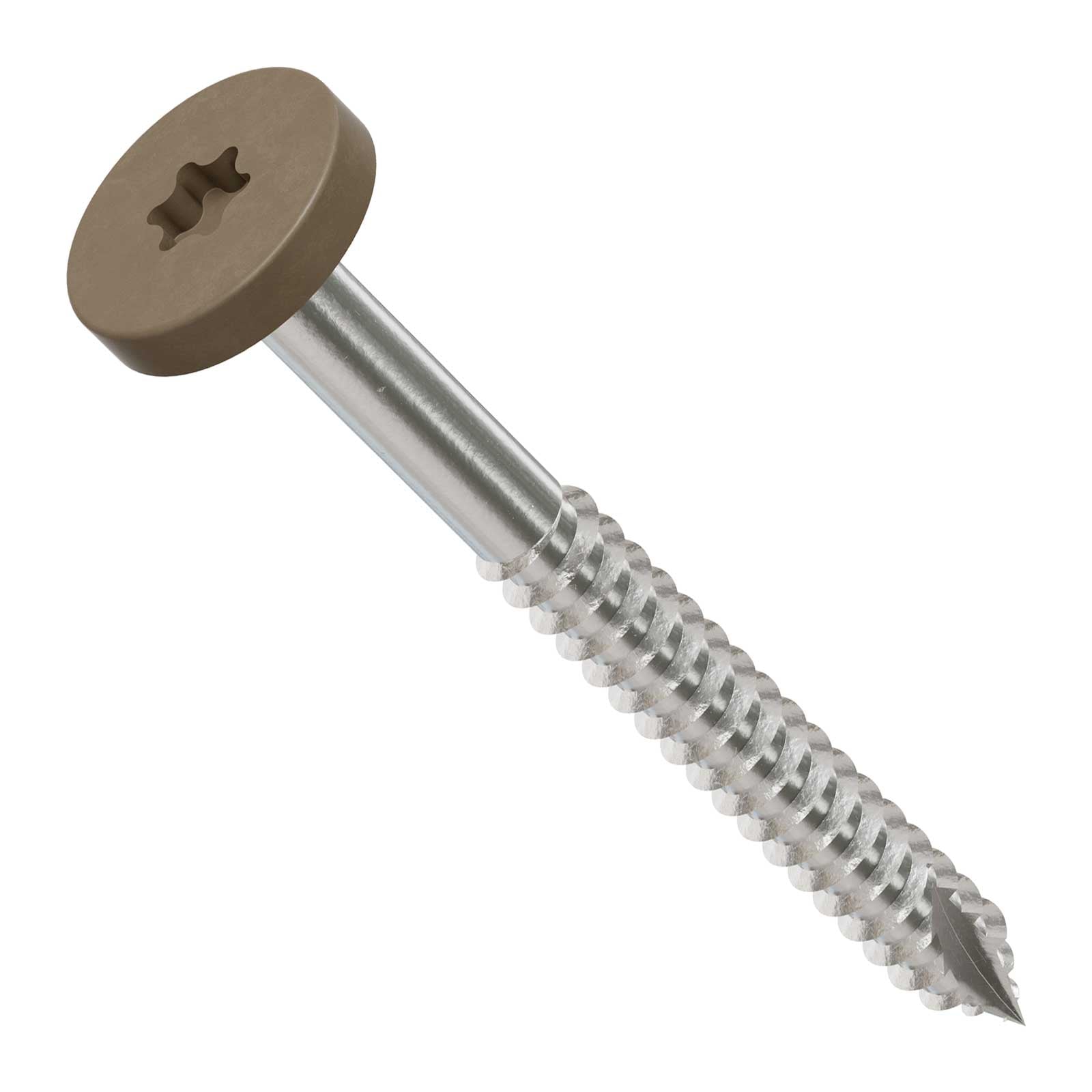 Metal screw with a brown head on a white background