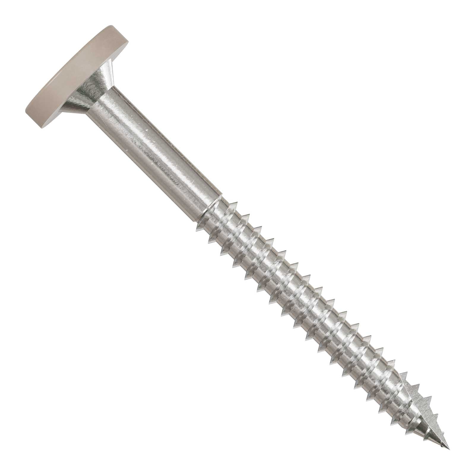 Metal screw with a hex head and threading on a white background