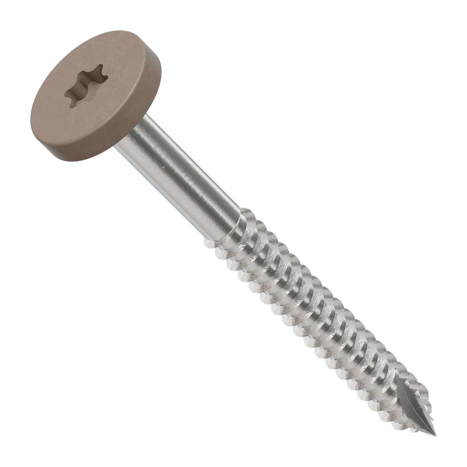 Metal screw with a brown head on a white background