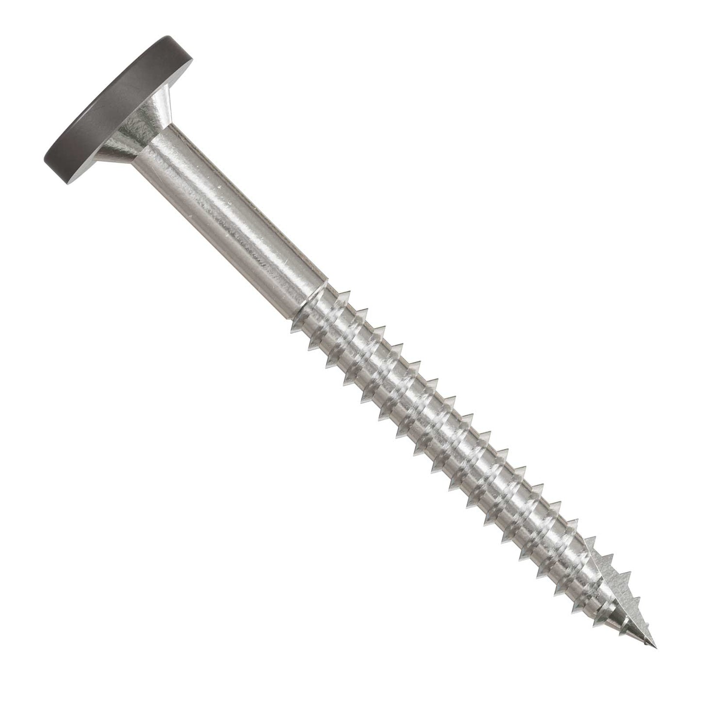 Metal screw with a gray head and threading on a white background
