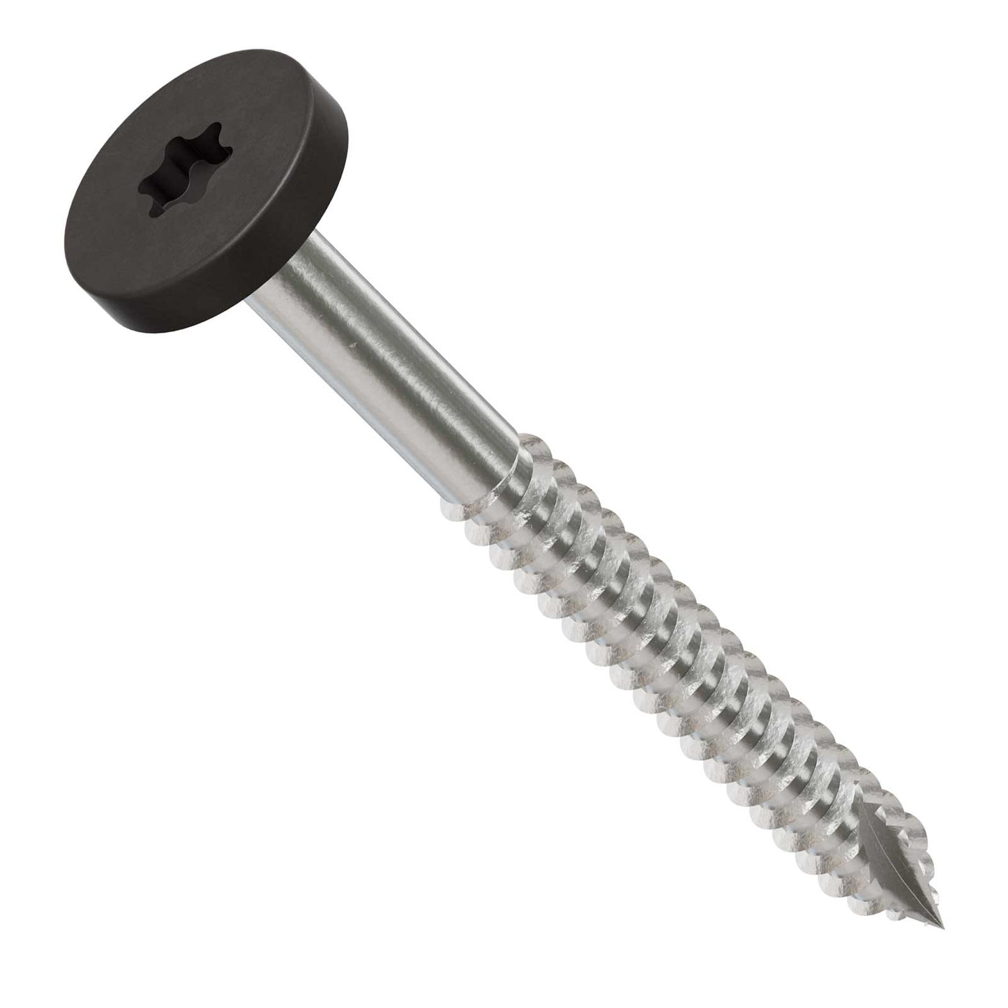 Metal screw with a gray head on a white background