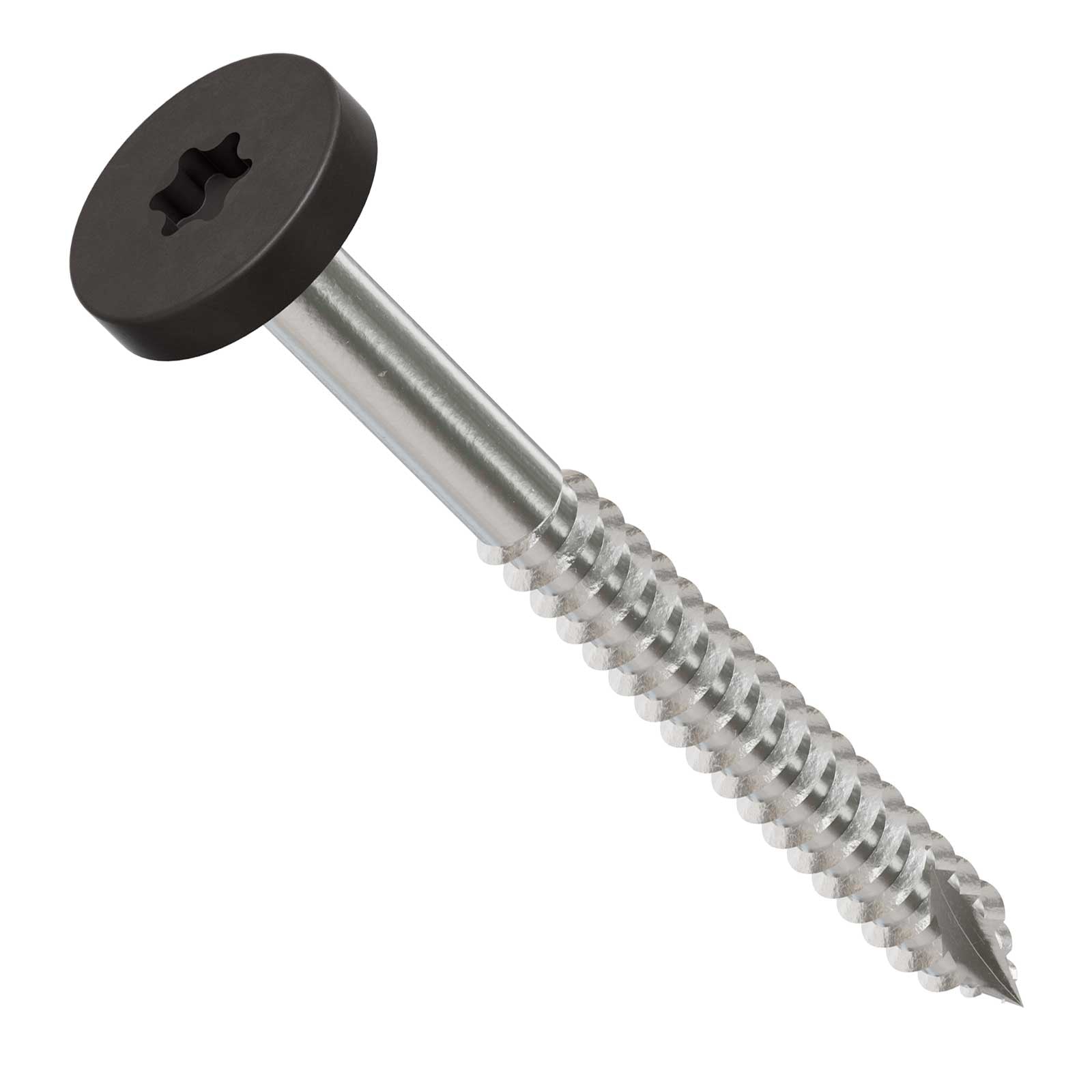 Metal screw with a gray head on a white background