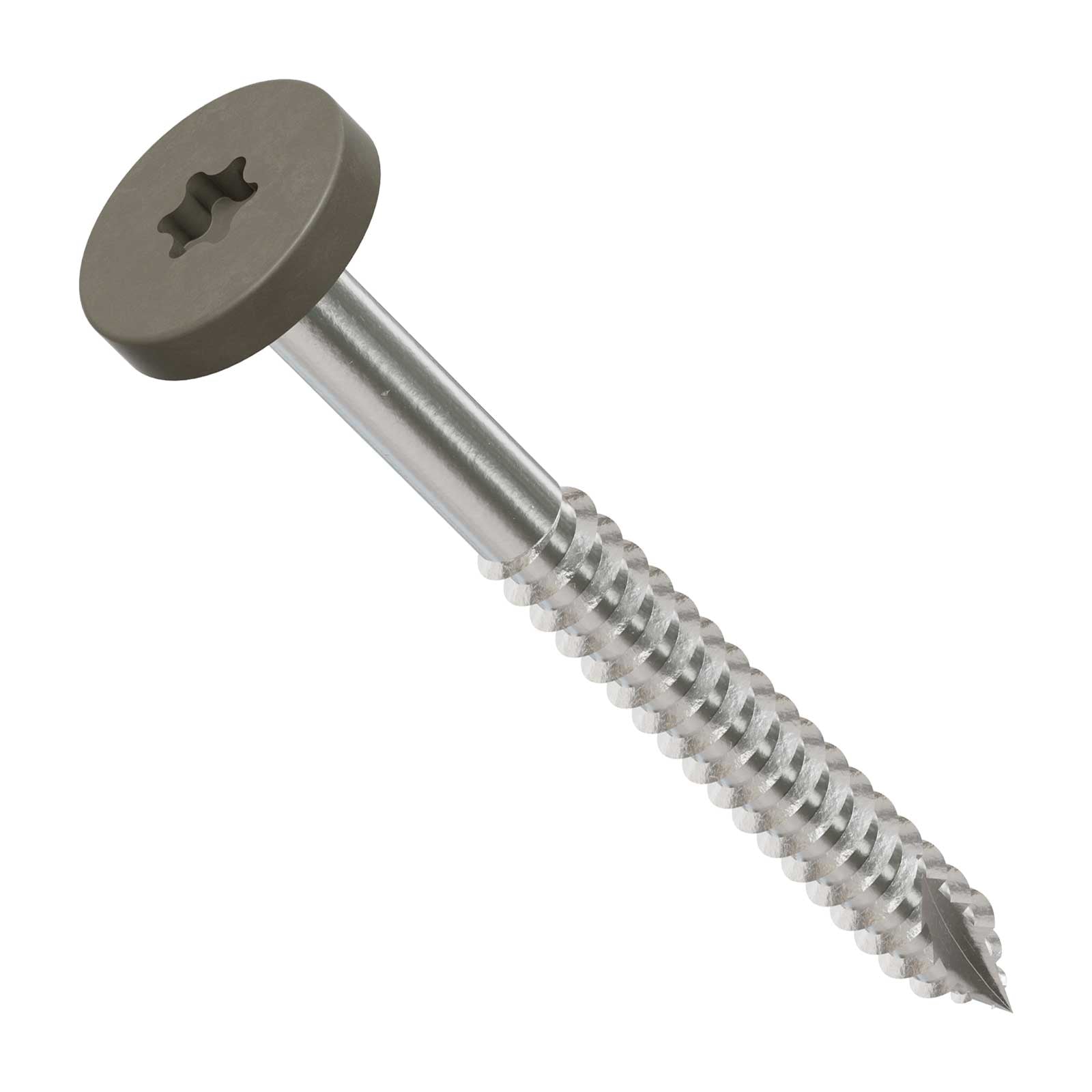 Metal screw with a threaded shaft and flat head on a white background