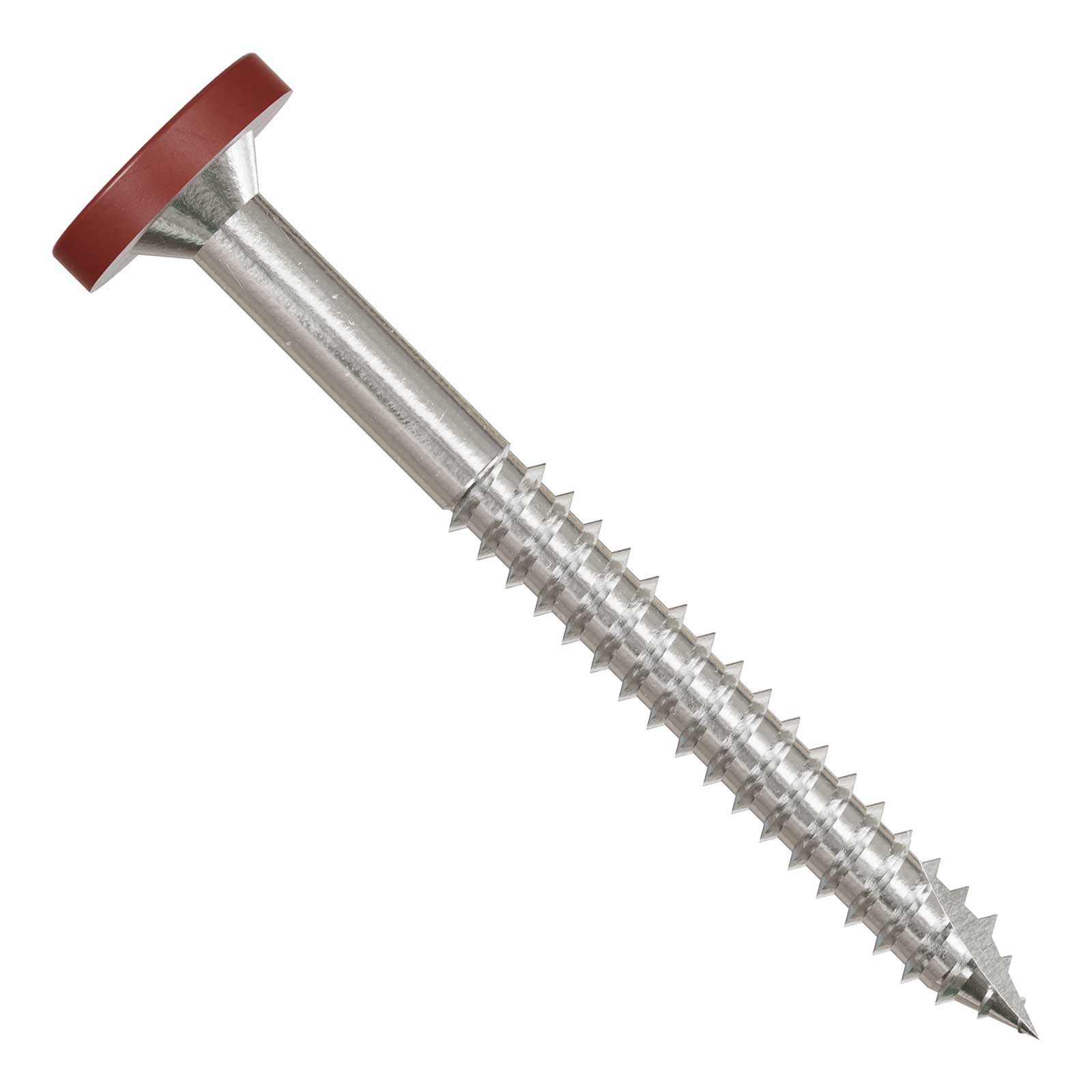 Metal screw with a red head on a white background