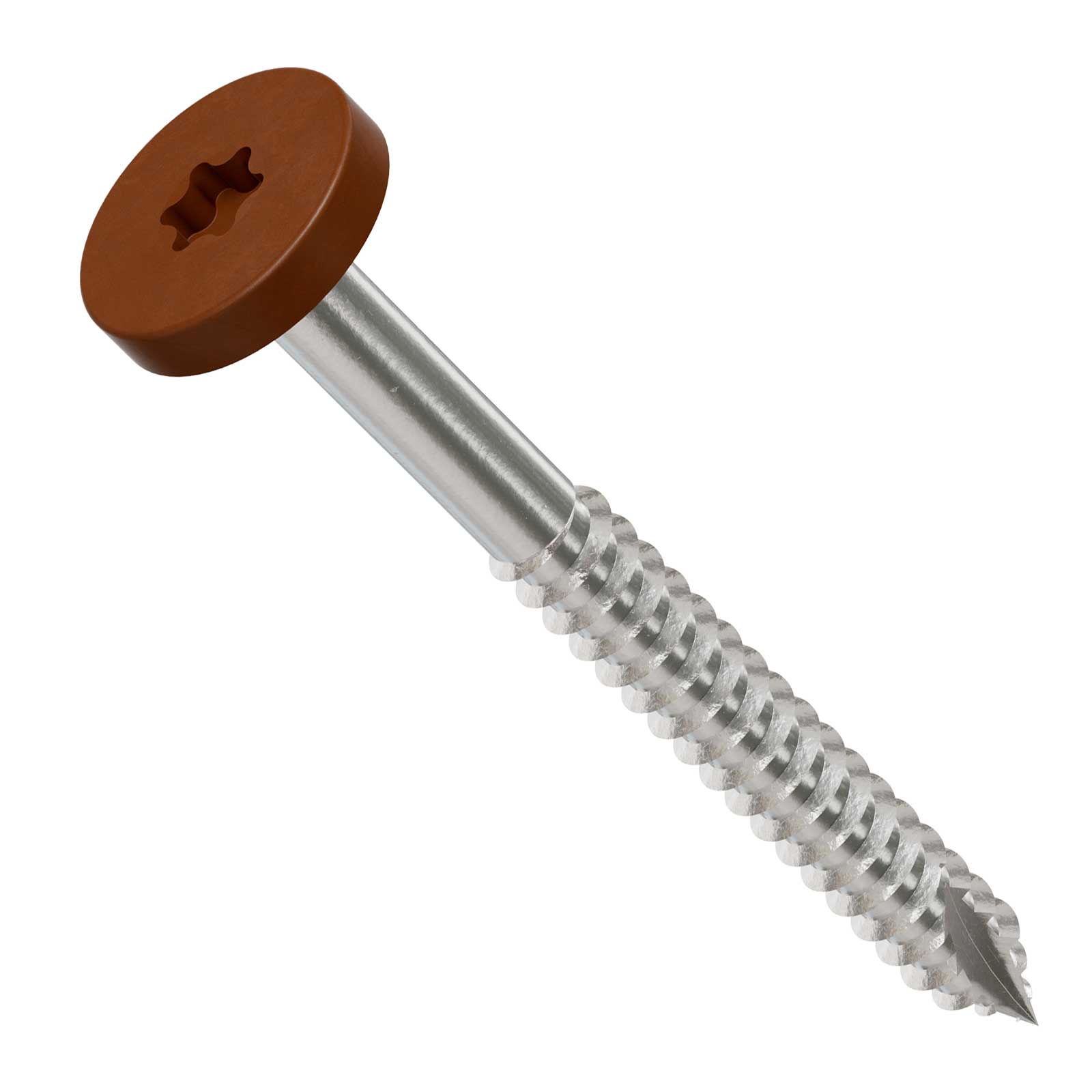 Metal screw with a tan head on a white background