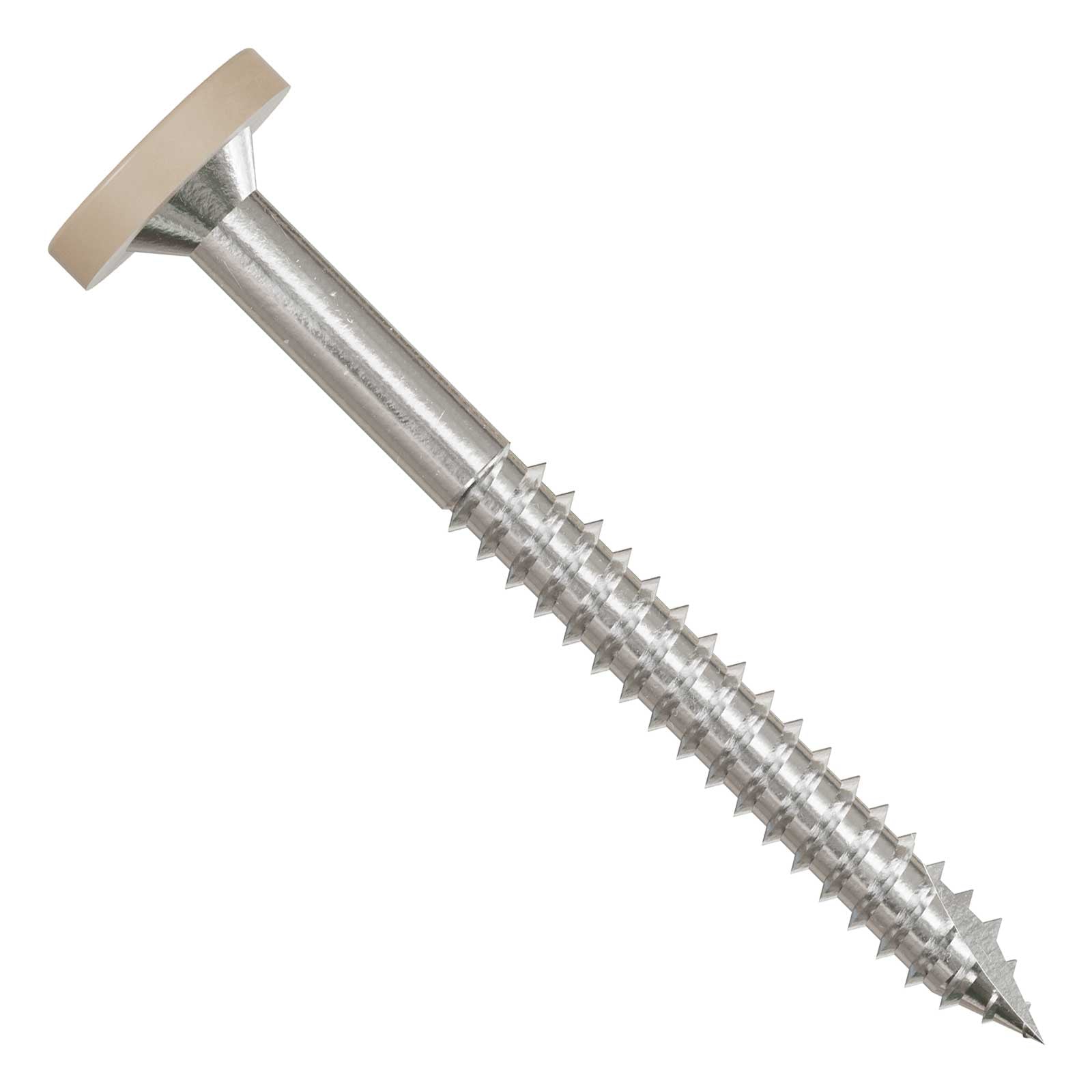 Metal screw with a tan head and coarse thread on a white background