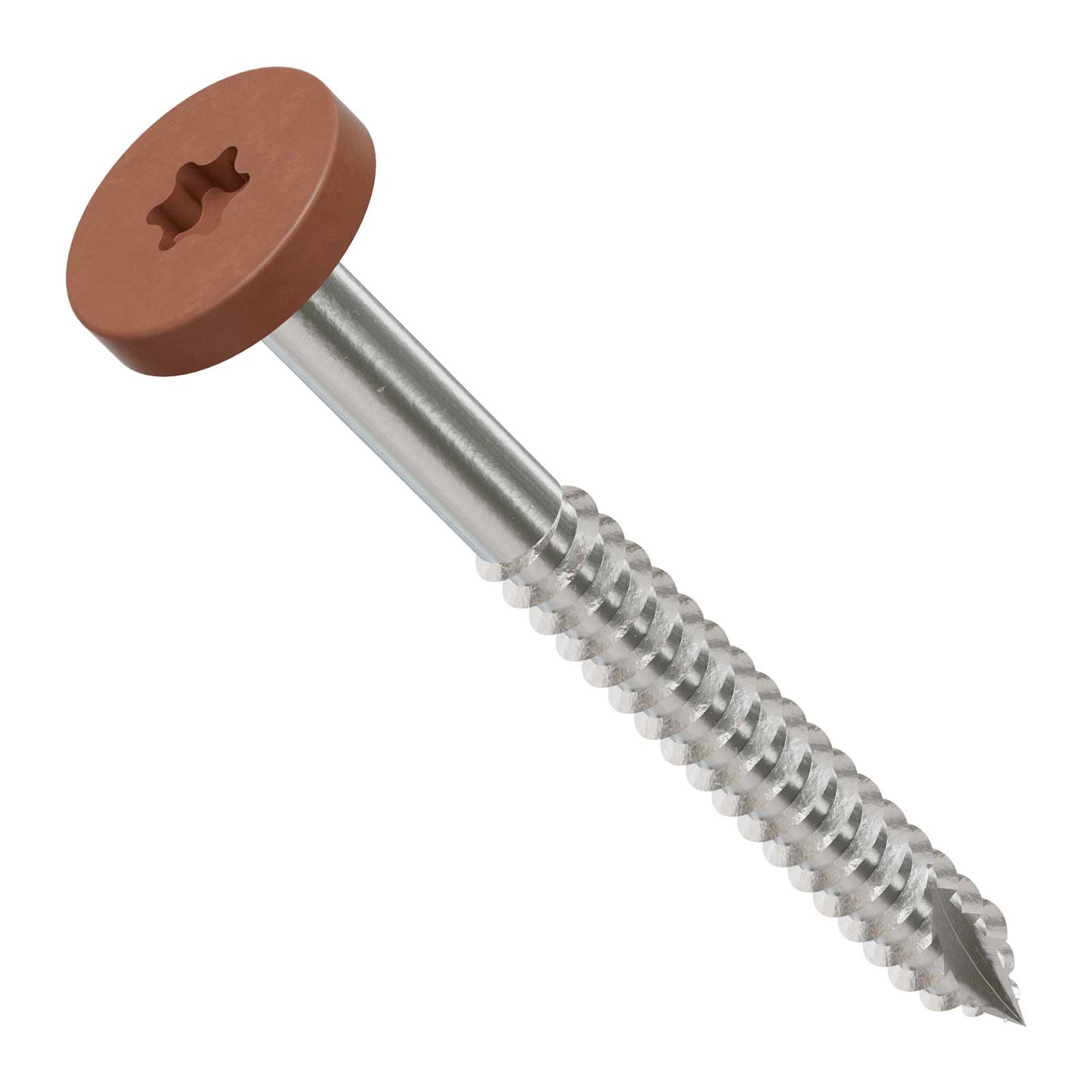 Metal screw with a tan head on a white background