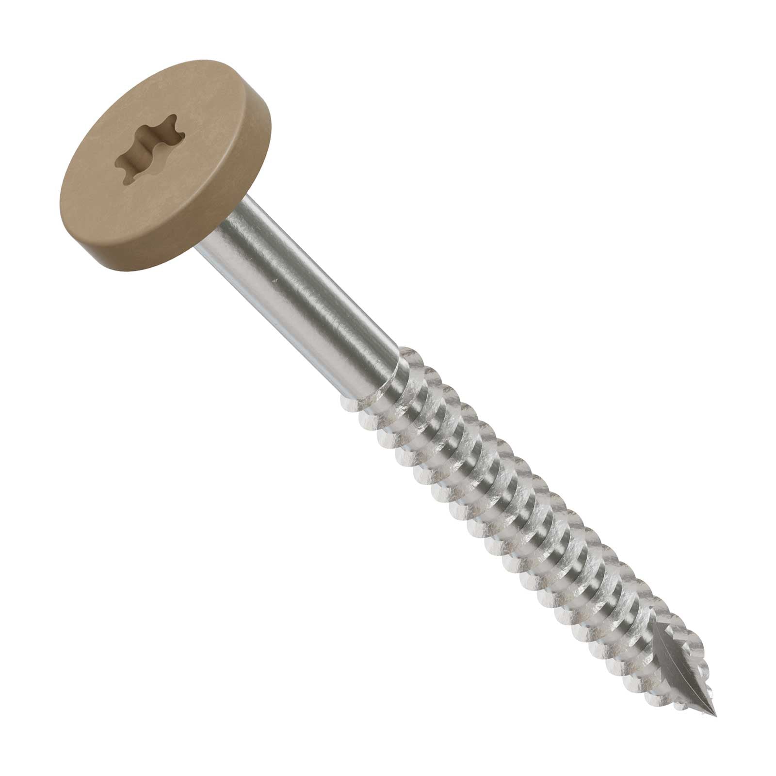 Metal screw with a tan head on a white background