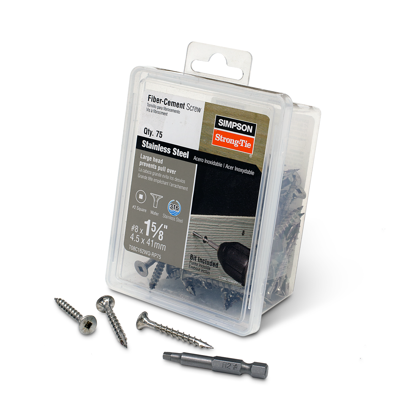 Simpson T08C162WQ-RP75 #8 x 1-5/8" Fiber Cement Screw - 316 Stainless Steel, Pkg 75