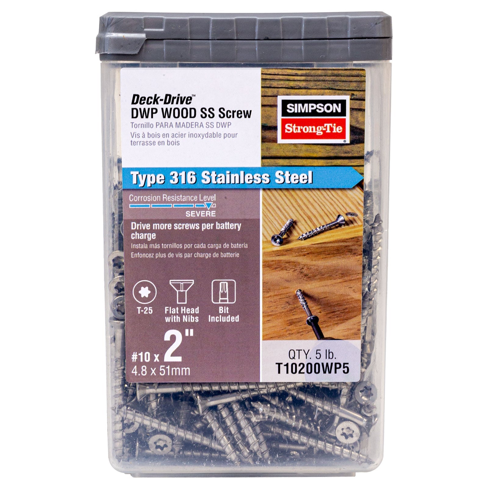 #10 x 2" Simpson Strong-Tie DWP T25 Flat Head Wood Screw - 316 Stainless Steel, Pkg 5 lb