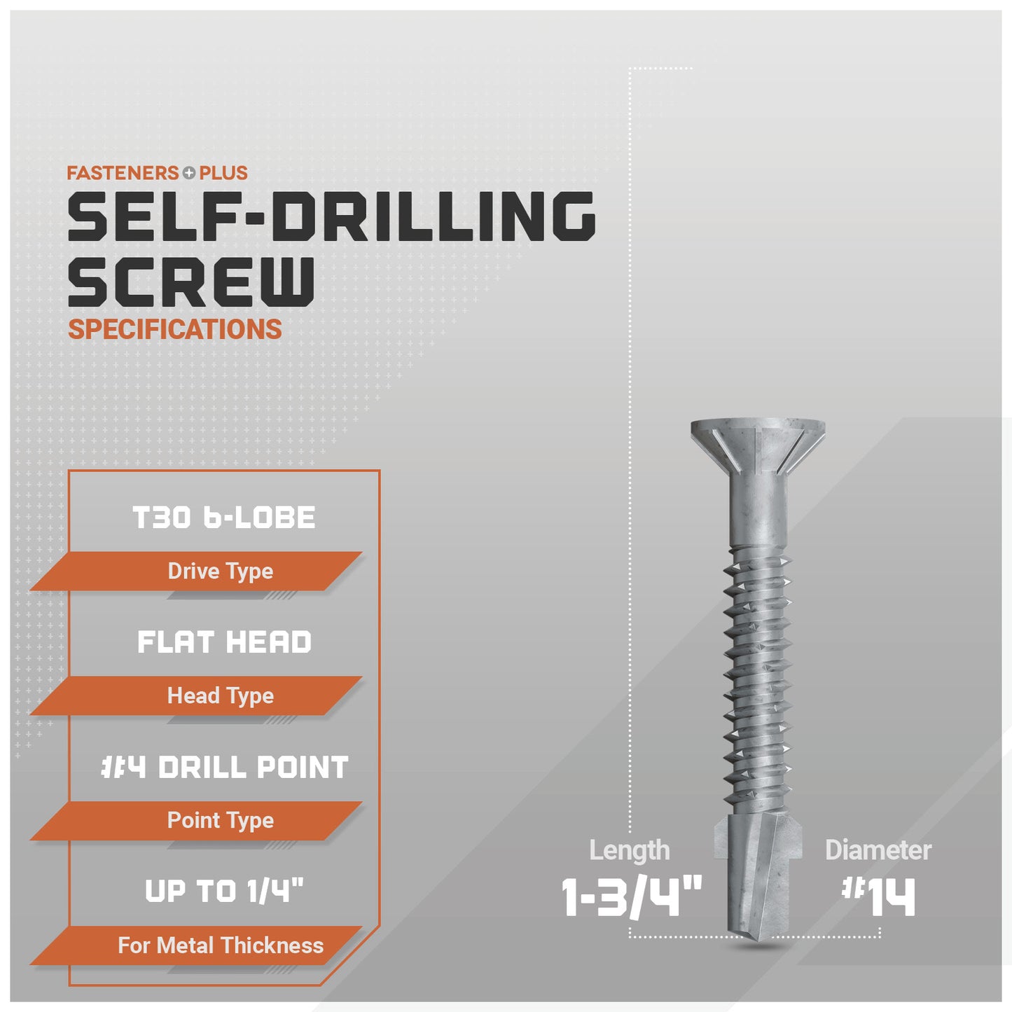 Self-drilling screws with specifications on a gray background