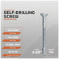 Self-drilling screw with specifications on a gray background