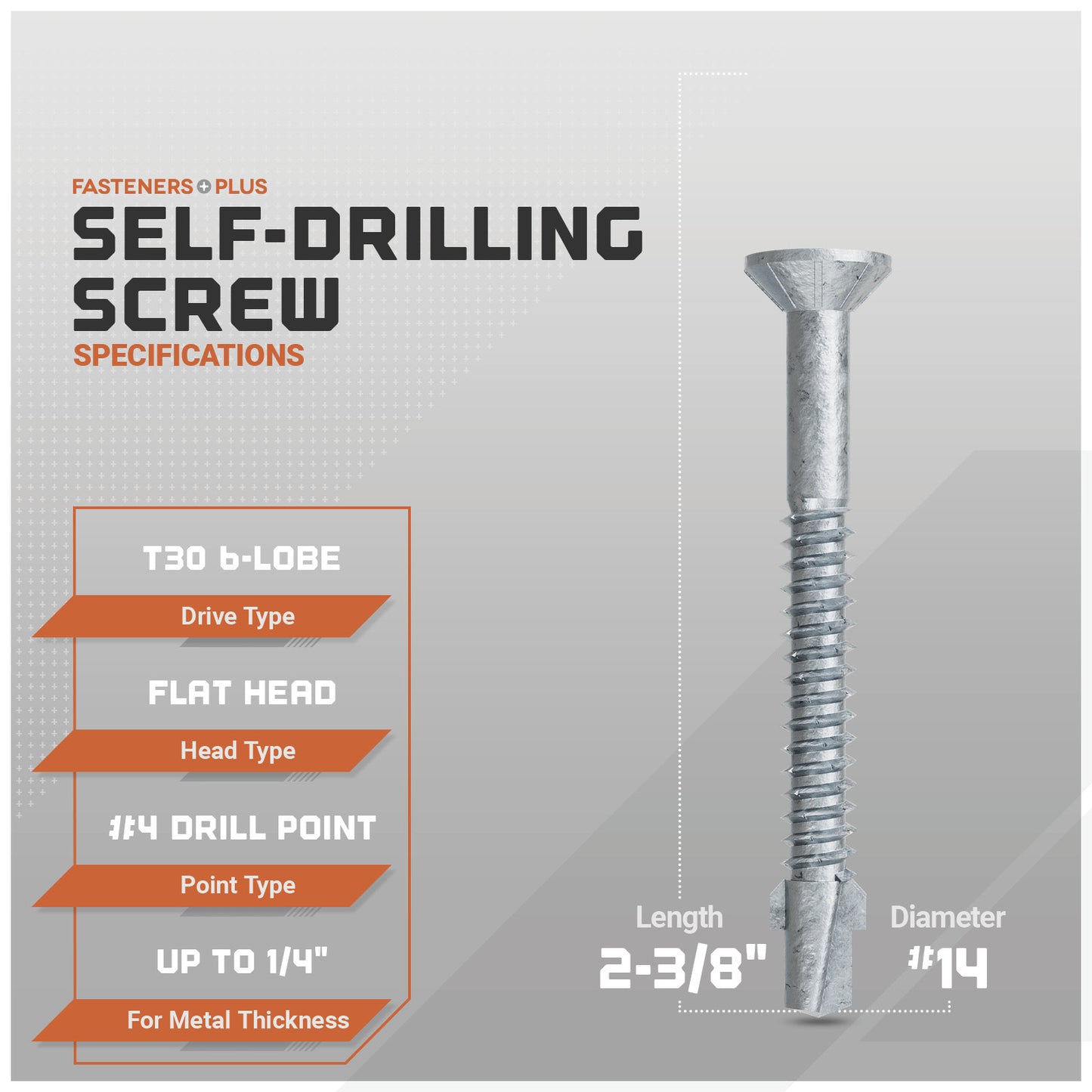 Self-drilling screw with specifications on a gray background