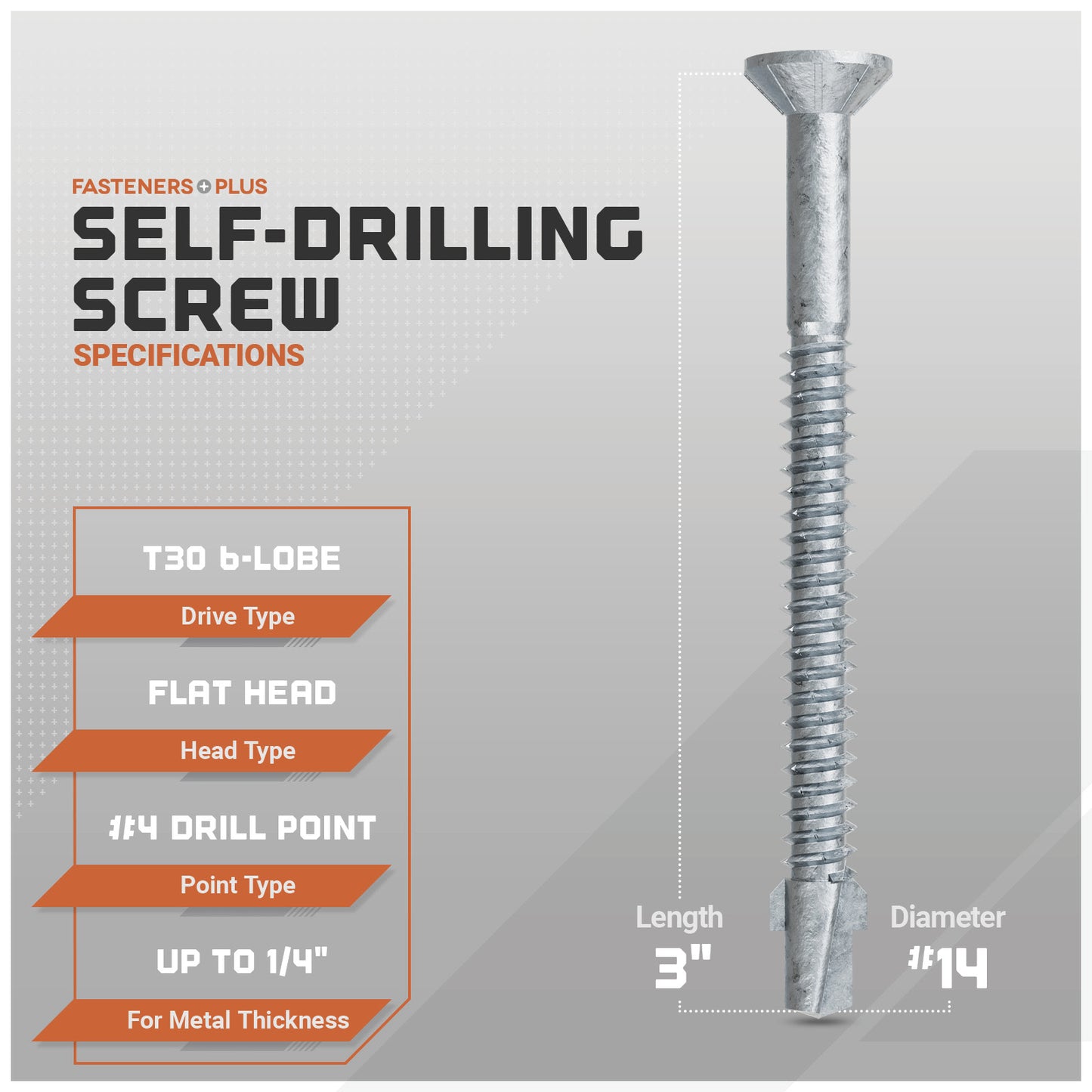Self-drilling screw with specifications on a gray background