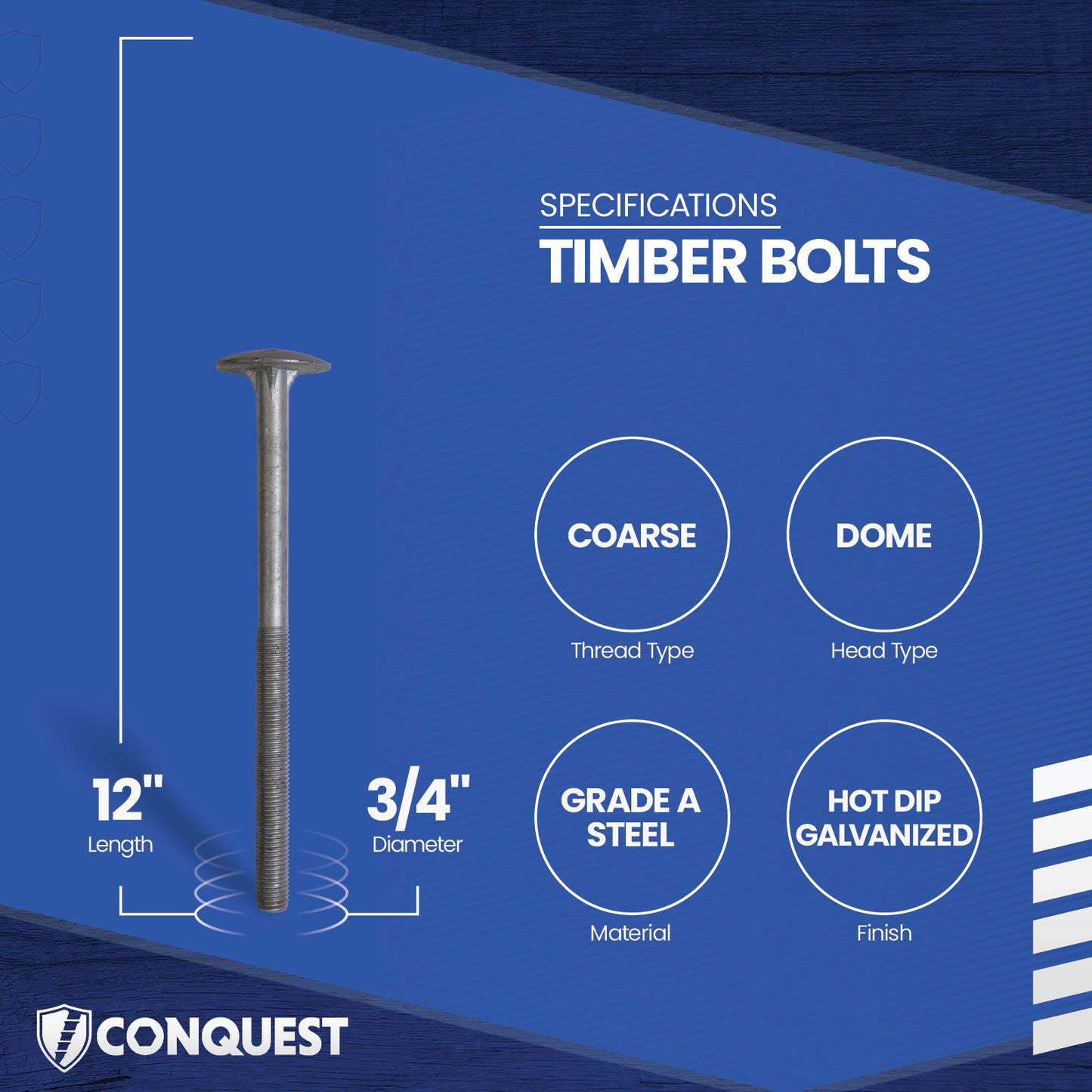 Conquest 3/4" X 12" A307 Timber Bolt - Hot Dip Galvanized