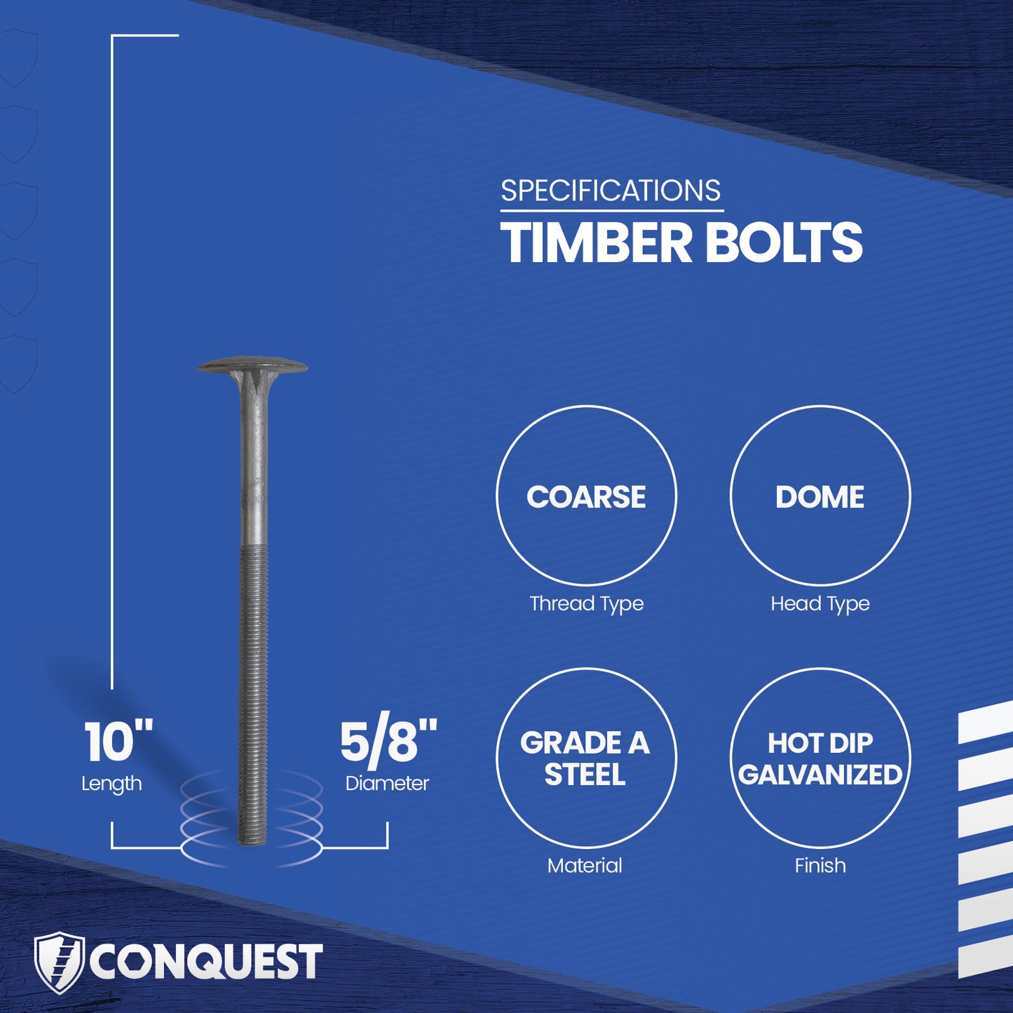 Conquest 5/8" X 10" A307 Timber Bolt - Hot Dip Galvanized, Qty. 40 - Carton