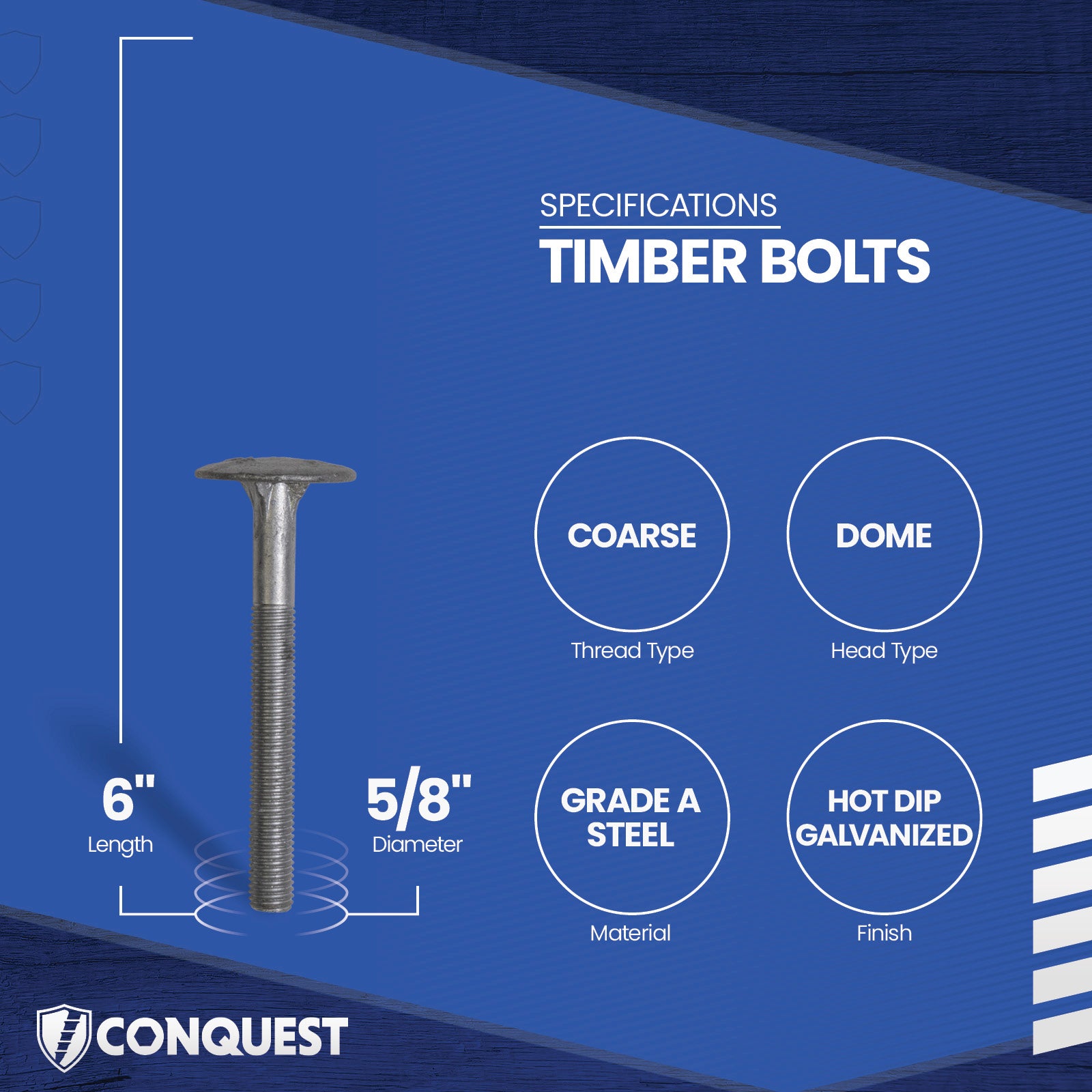 Timber bolt specifications with Conquest branding on a blue background