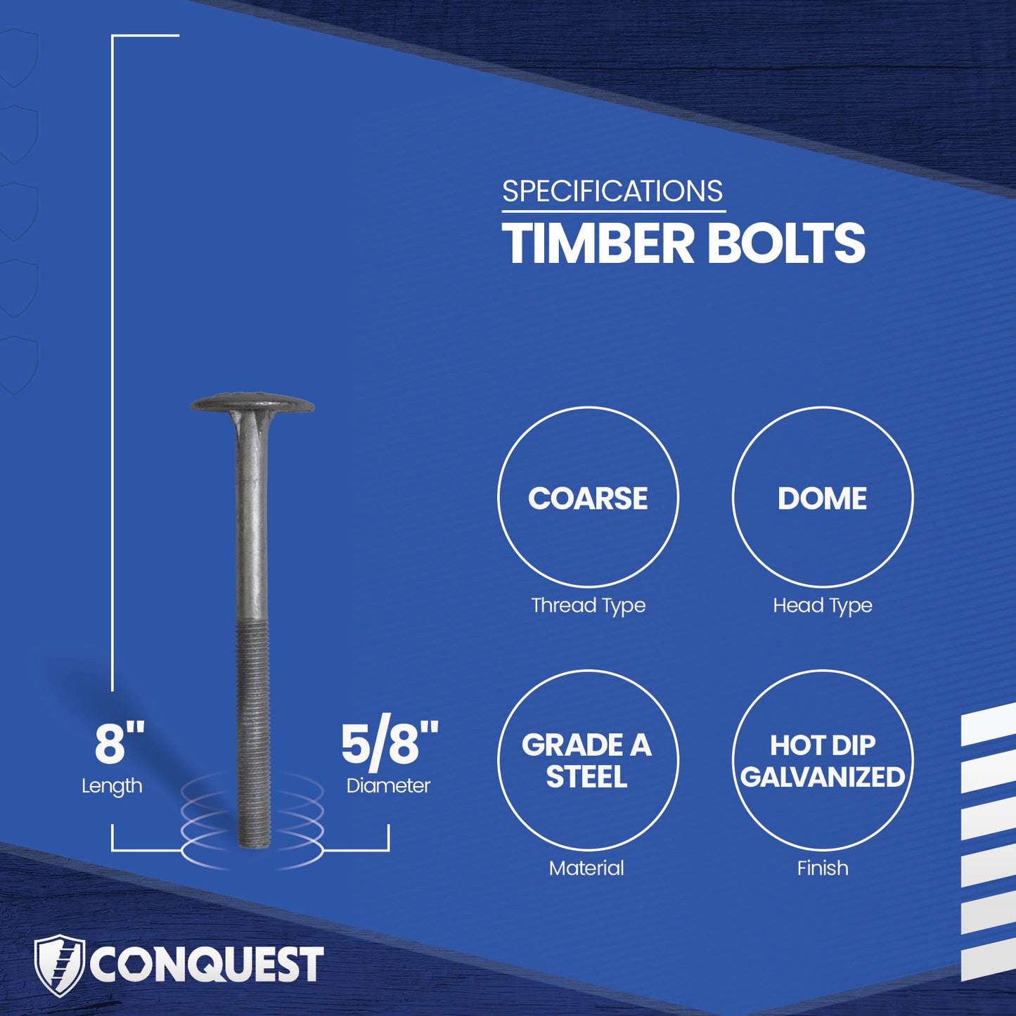 Conquest 5/8" X 8" A307 Timber Bolt - Hot Dip Galvanized, Qty. 60 - Carton