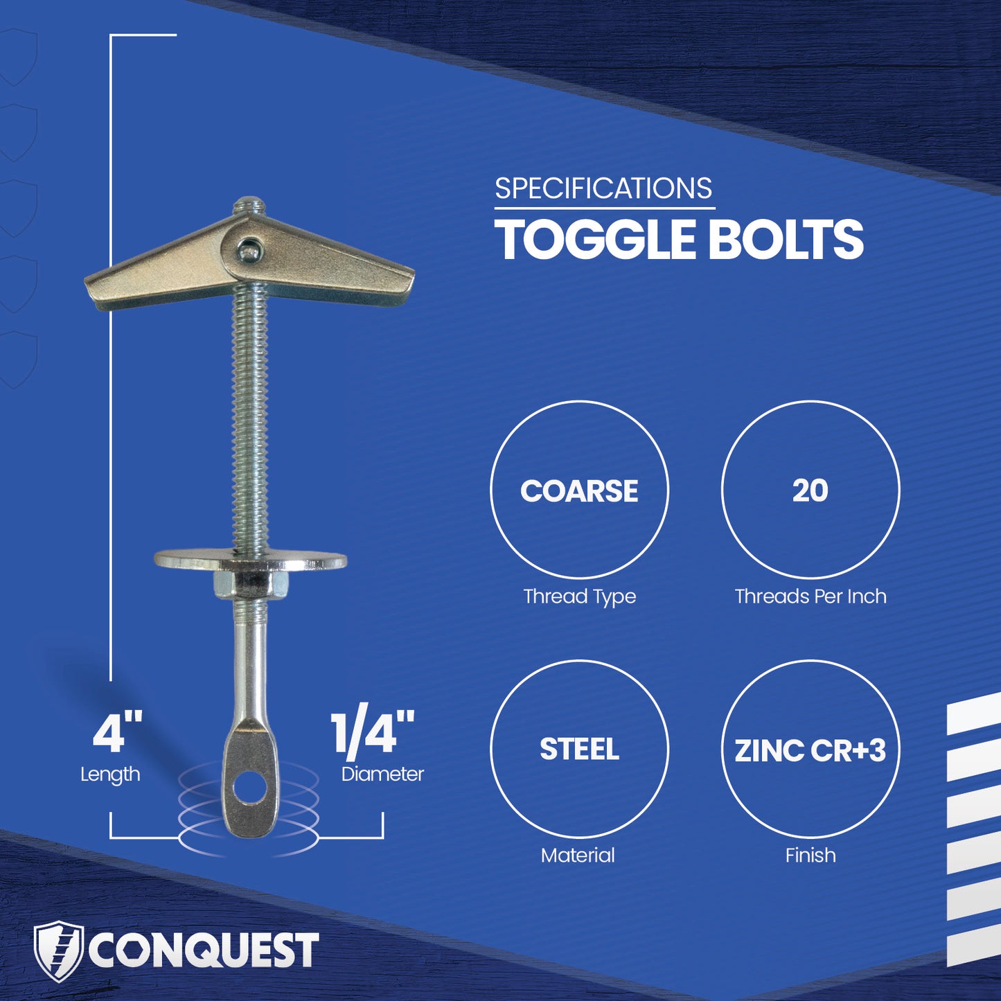 Toggle bolt with specifications on a blue background, featuring the Conquest brand.