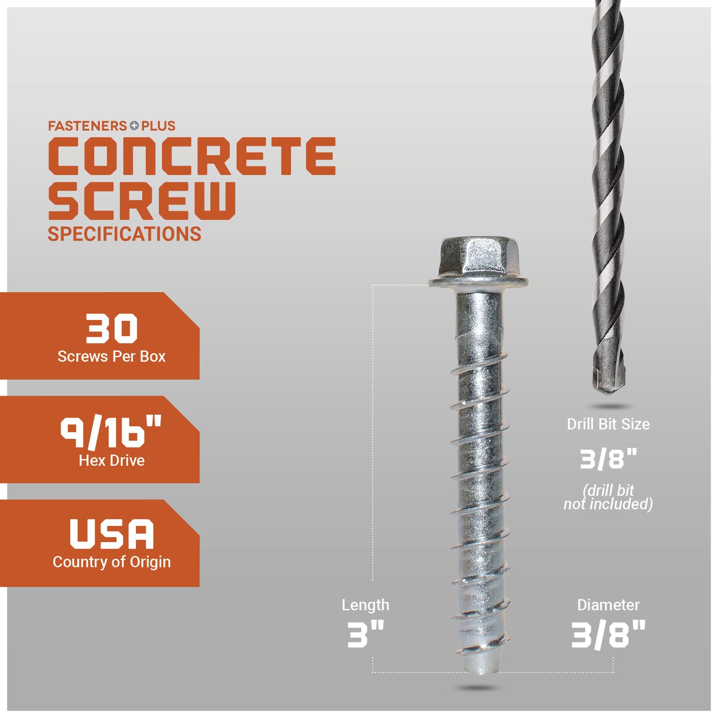 Concrete screw with drill bit on a gray background, featuring specifications.