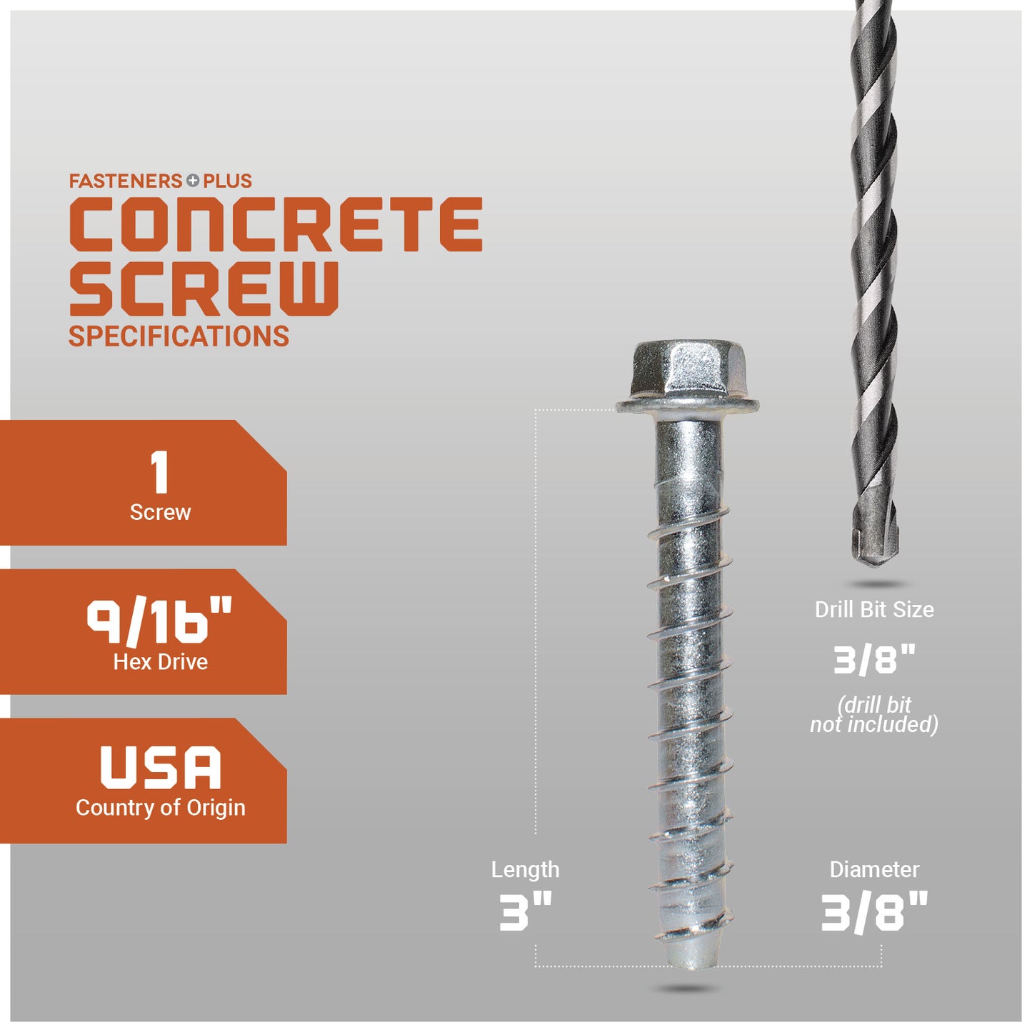 Concrete screw with drill bit on a gray background, featuring specifications.