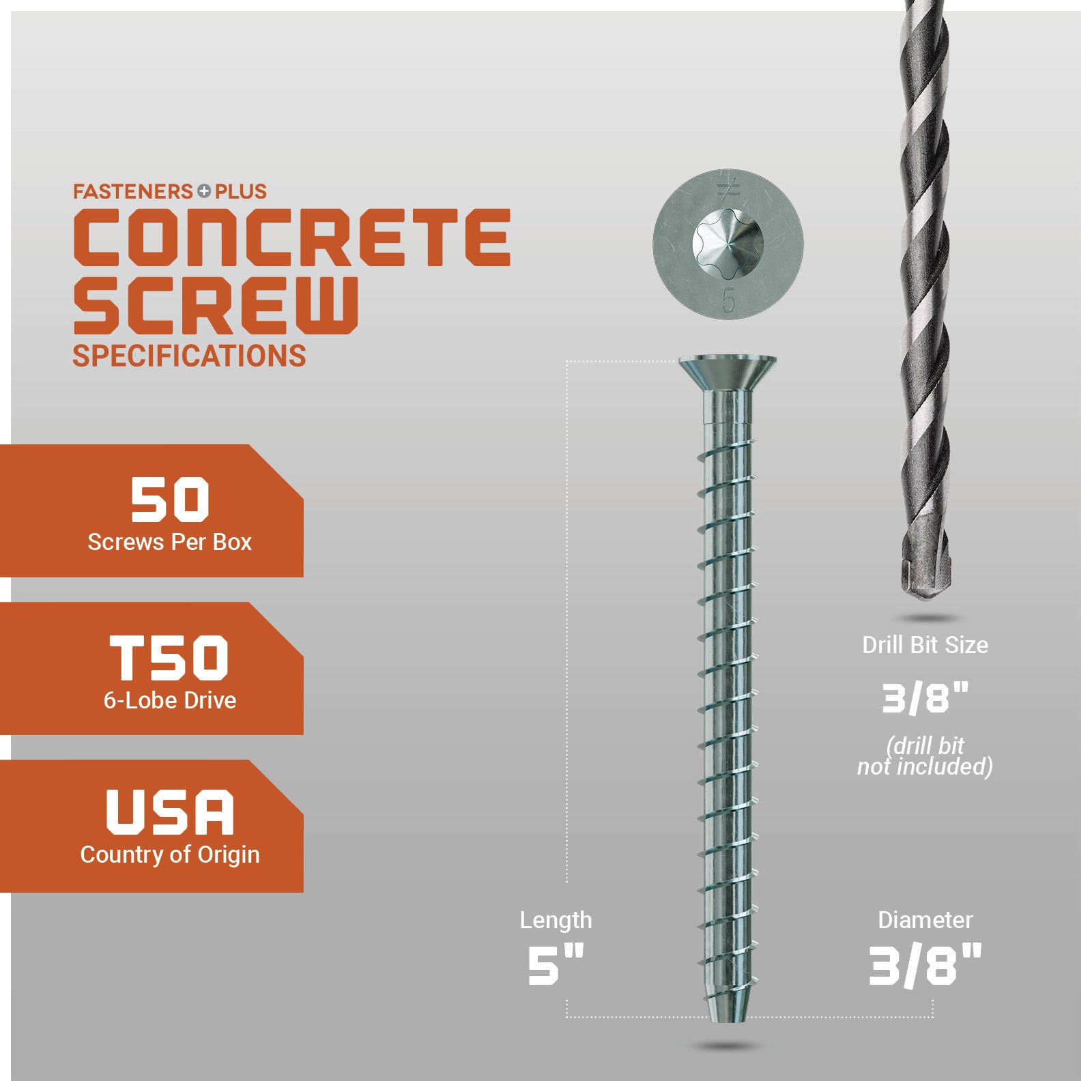 Concrete screw with drill bit on a gray background, featuring specifications.