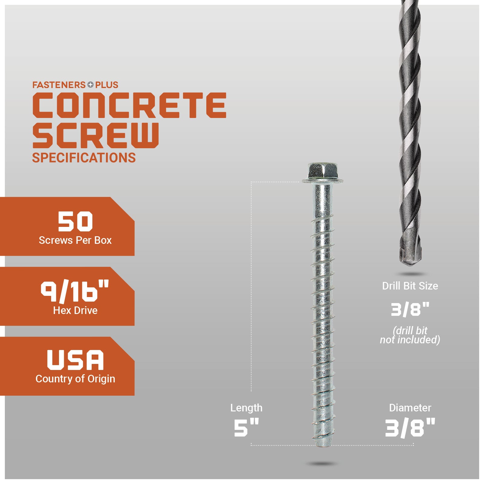 Concrete screw with drill bit specifications on a gray background