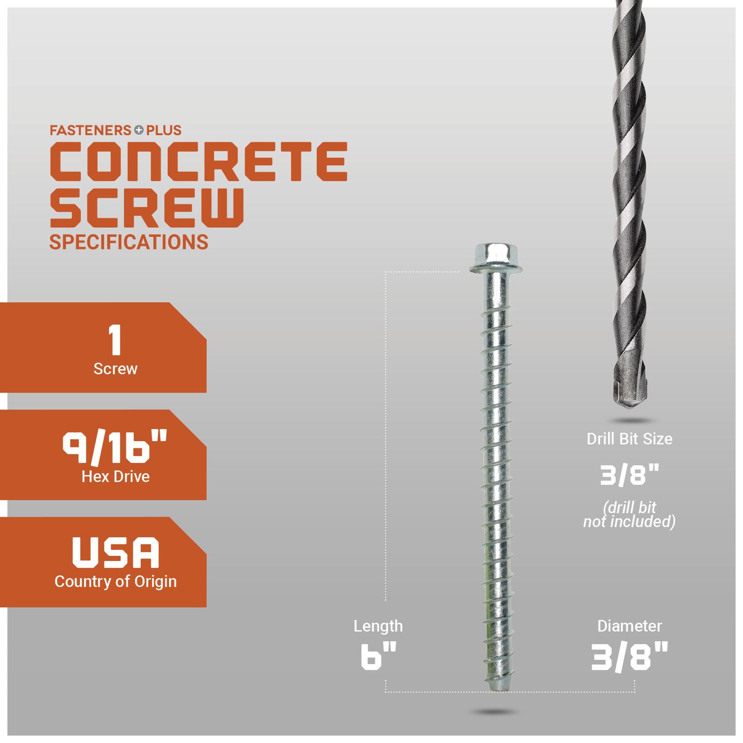 Concrete screw with drill bit specifications on a gray background