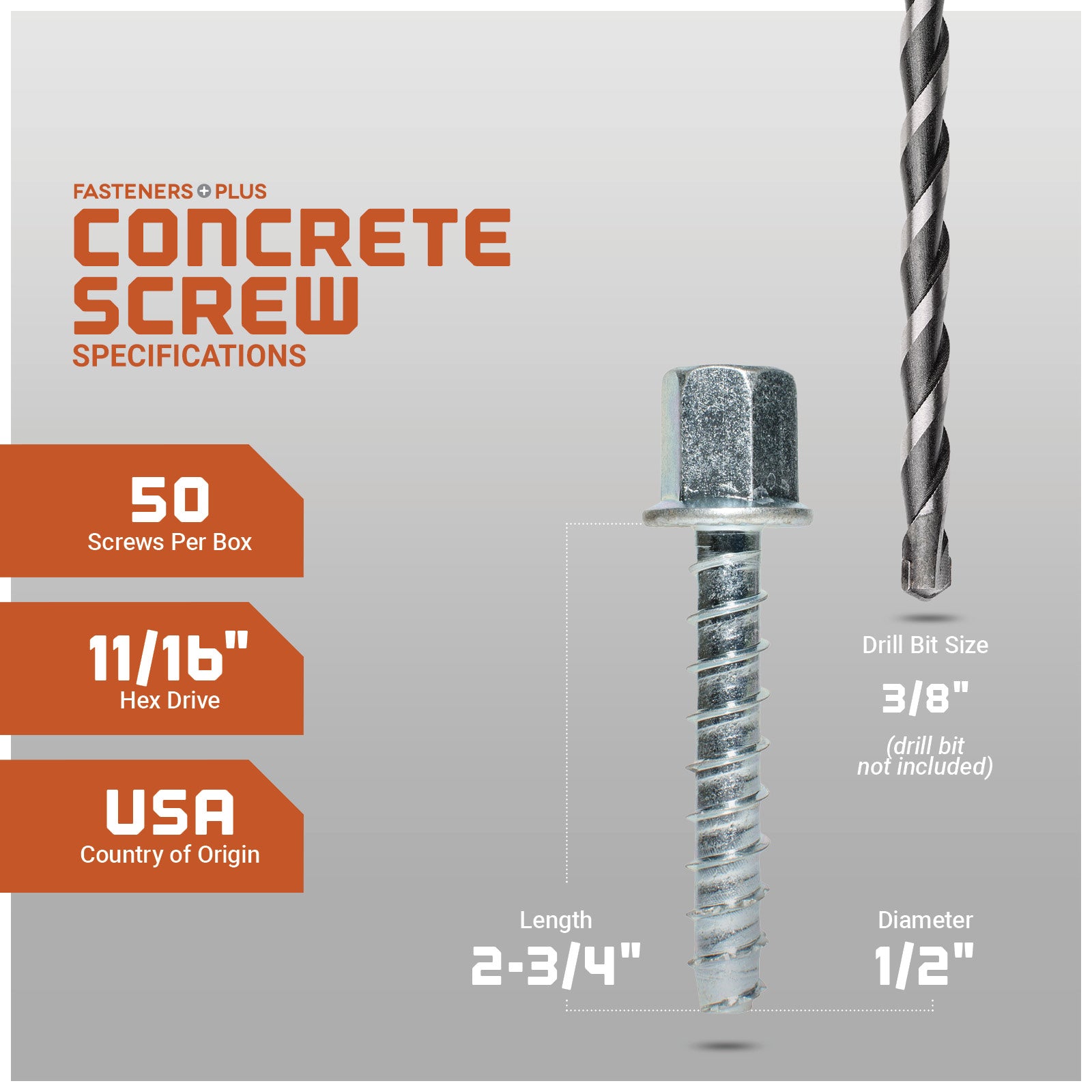 Concrete screw with specifications on a gray background