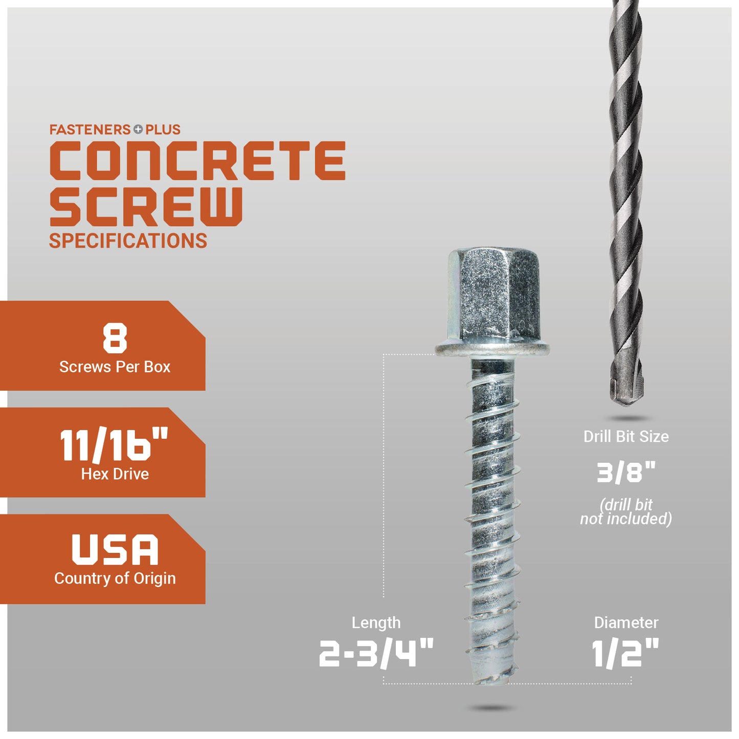 Concrete screw with specifications on a gray background