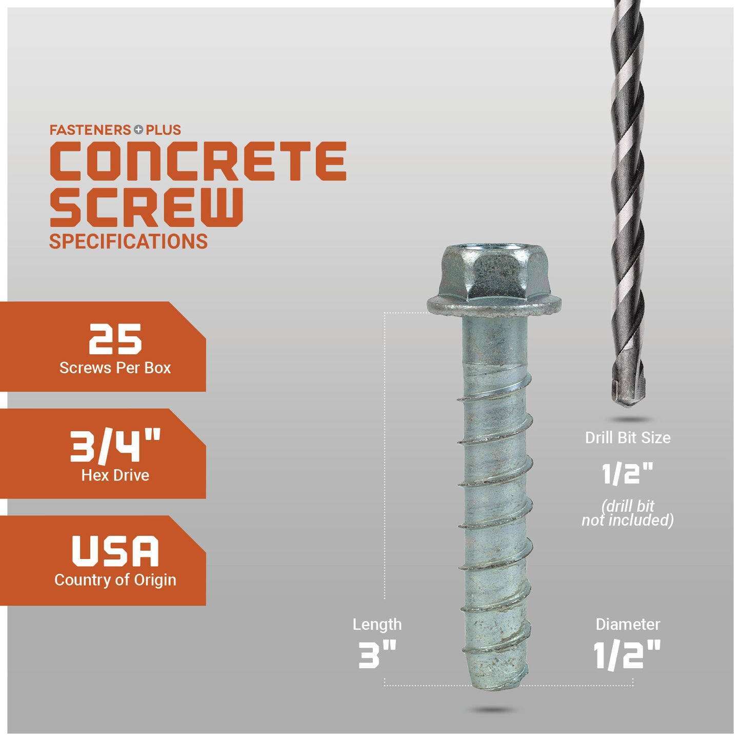 Concrete screw with drill bit on a gray background, featuring specifications.
