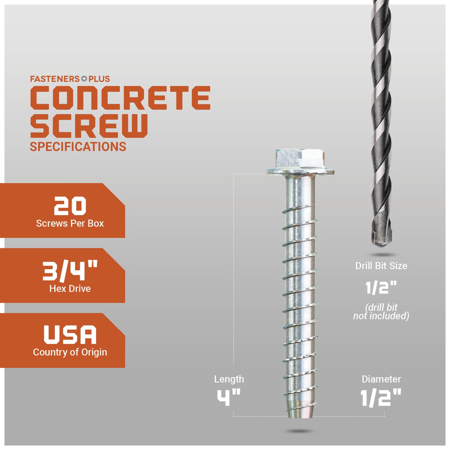 Concrete screw with specifications on a gray background