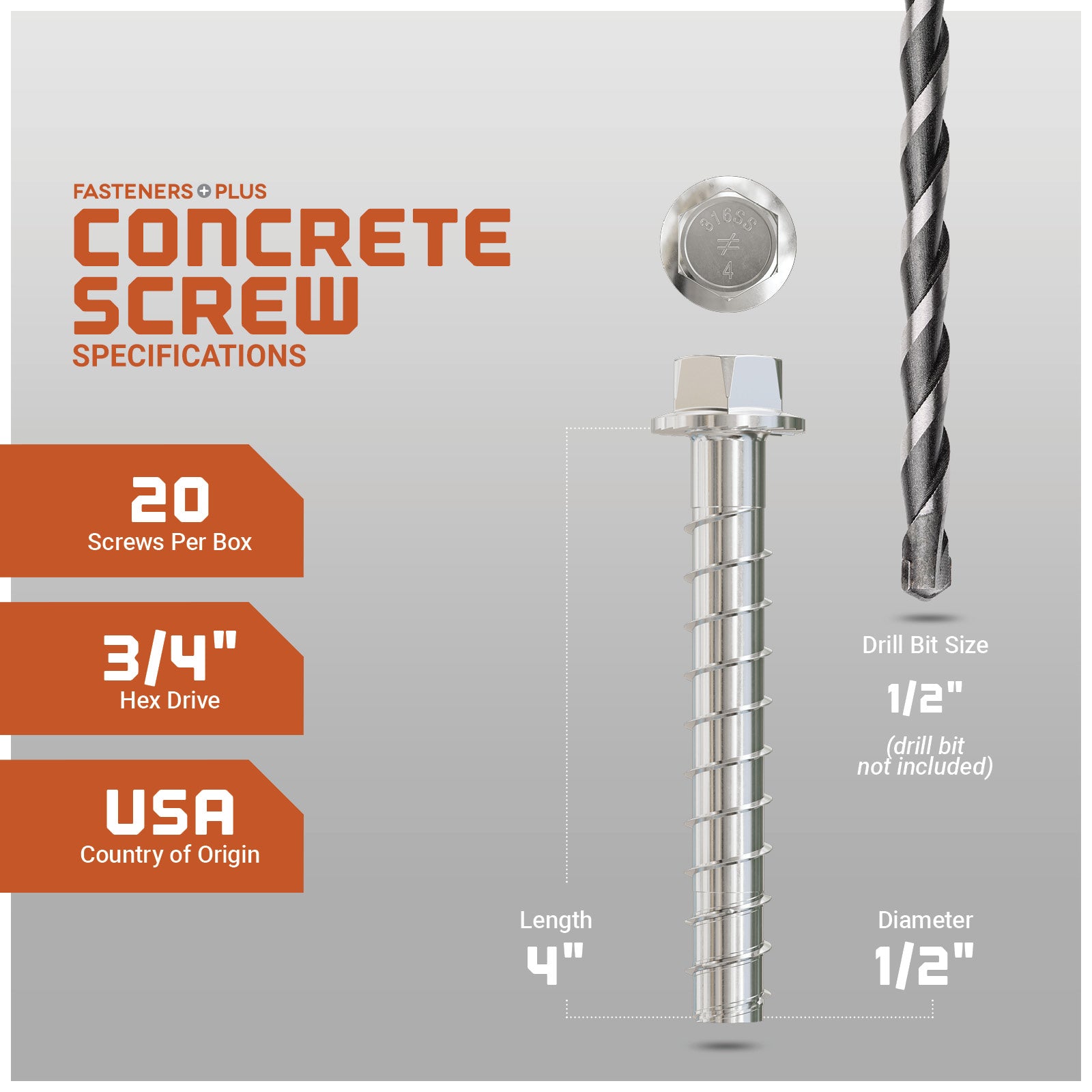 Concrete screw with drill bit on a gray background, featuring specifications.