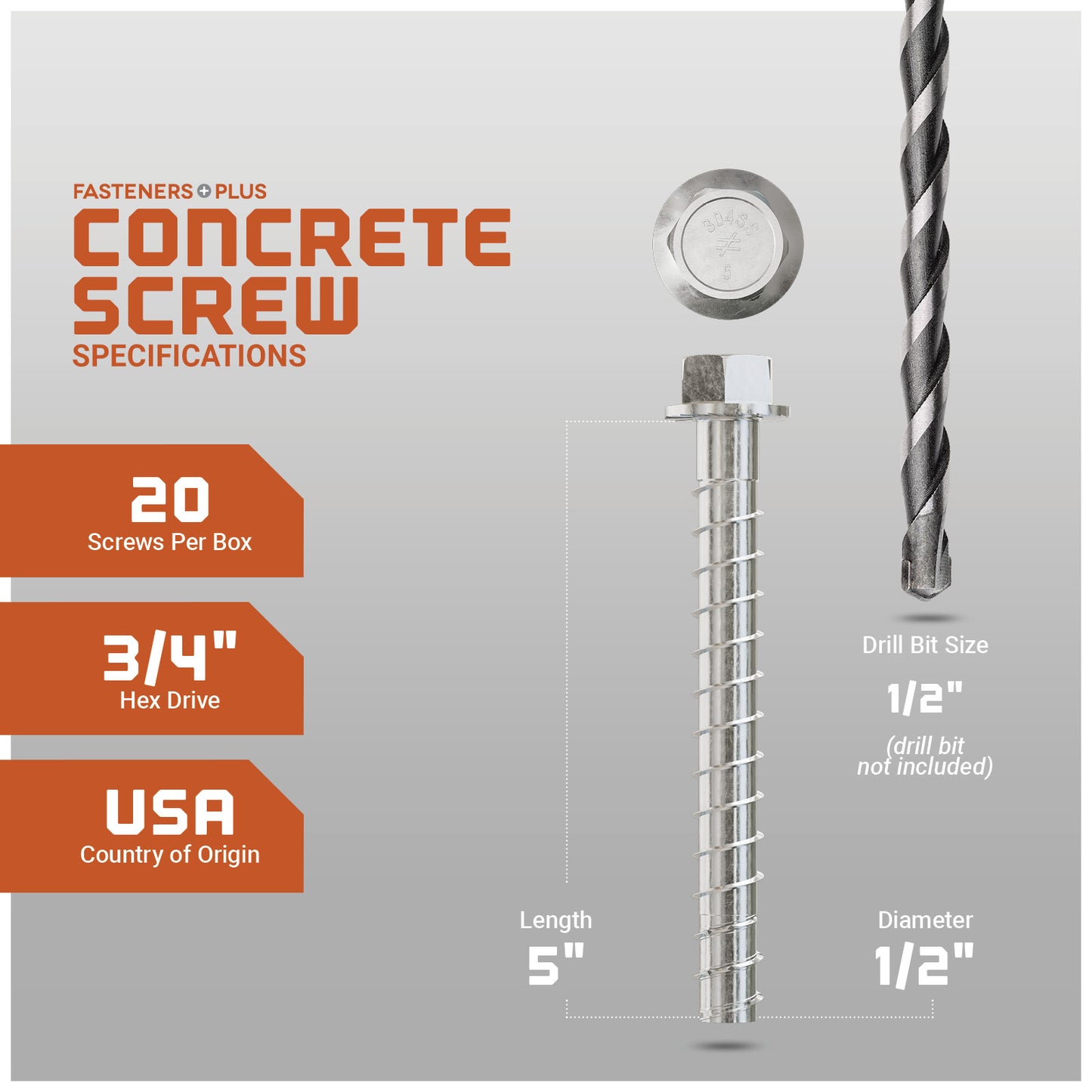 Concrete screw with drill bit on a gray background, featuring specifications.