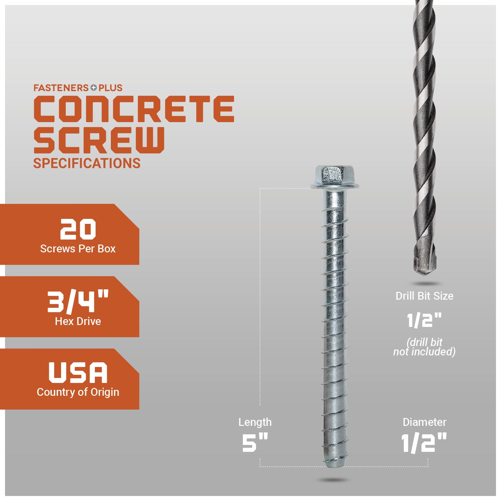 Concrete screw with specifications on a gray background