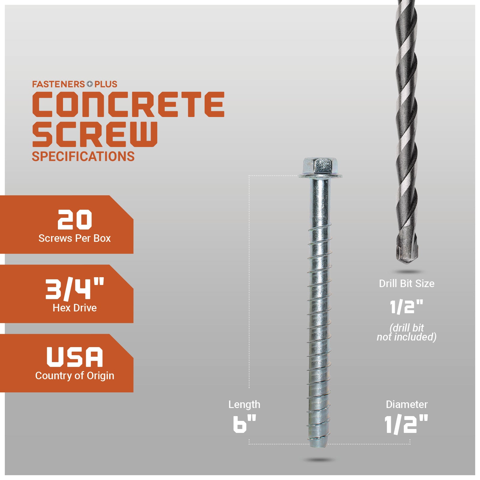 Concrete screw with specifications on a gray background