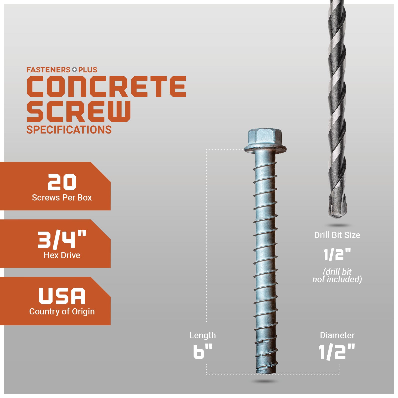Concrete screw with specifications on a gray background