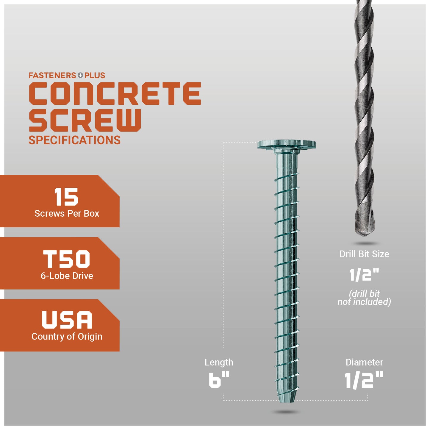 Concrete screw with drill bit and specifications on a gray background