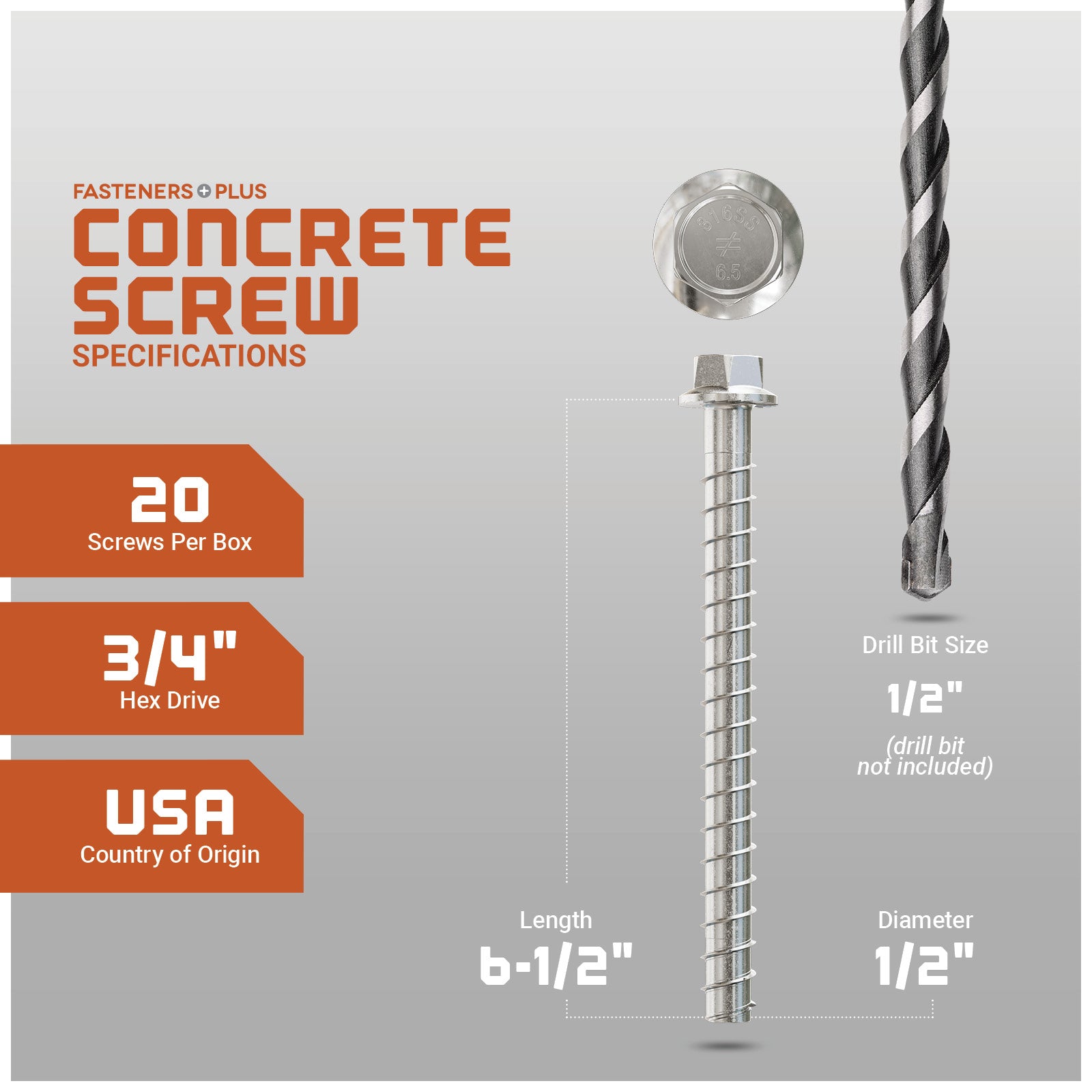 Concrete screw with drill bit on a gray background, featuring specifications.