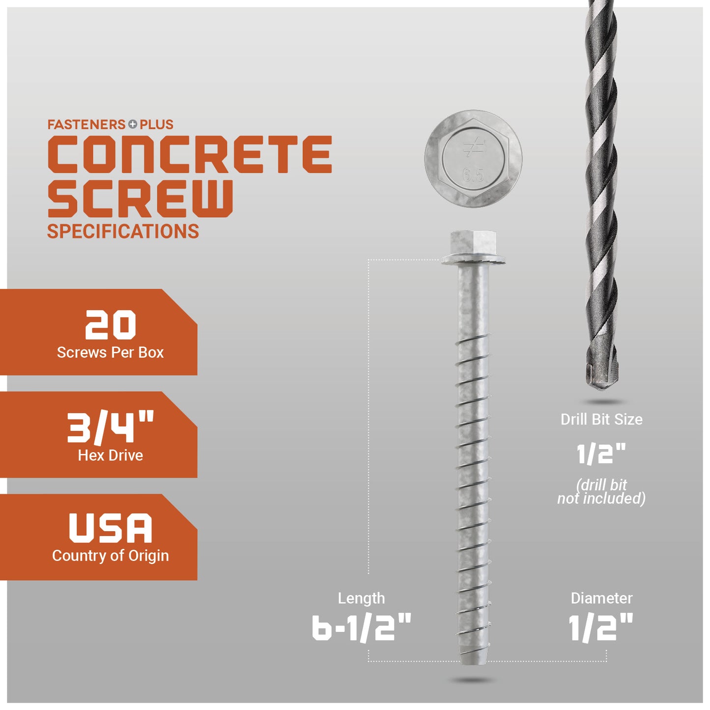 Concrete screw with specifications on a gray background