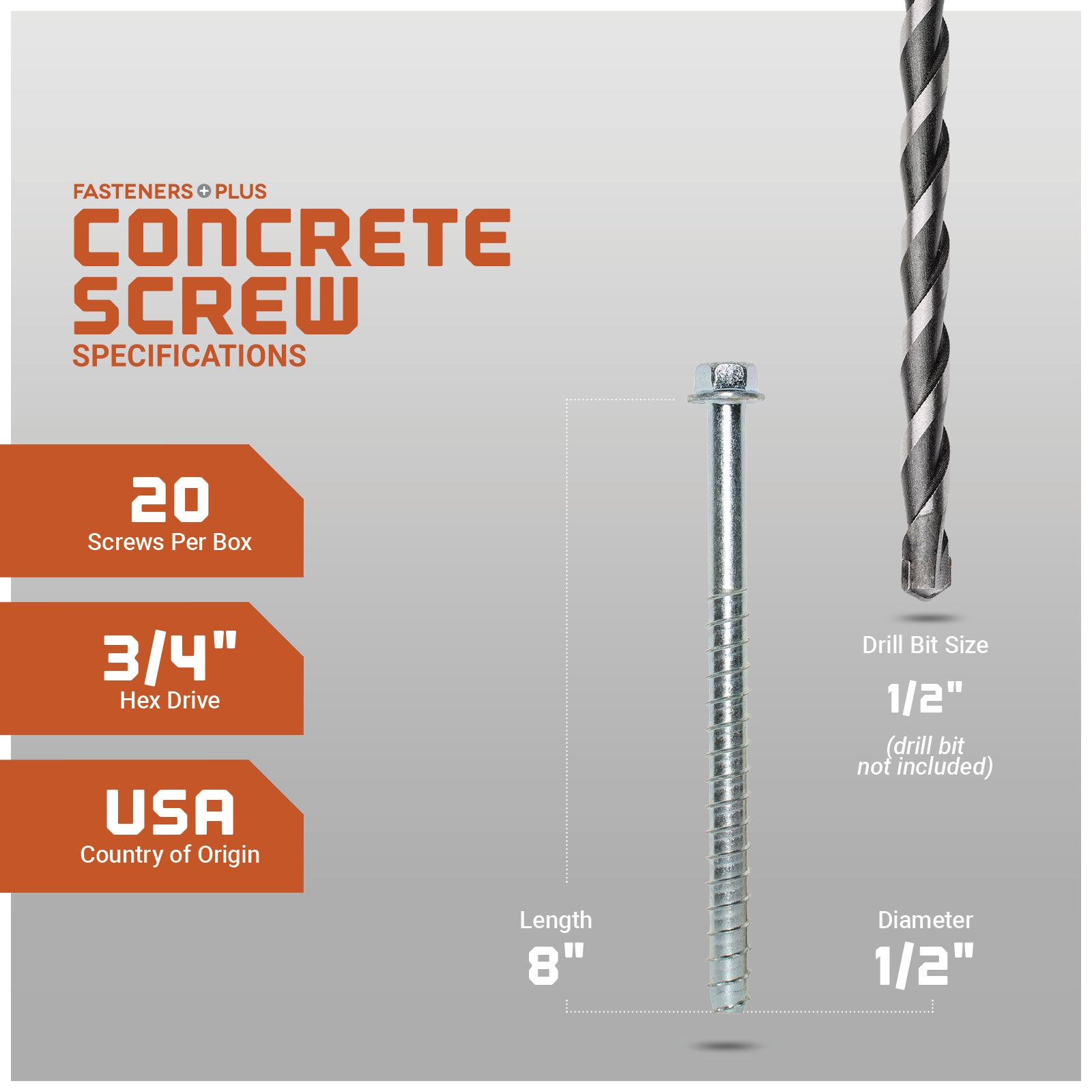 Concrete screw with specifications on a gray background