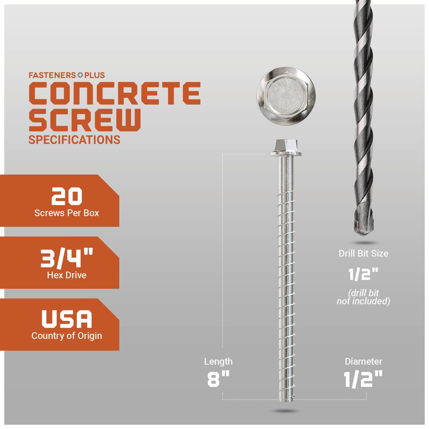 Concrete screw with drill bit on a gray background, featuring specifications.