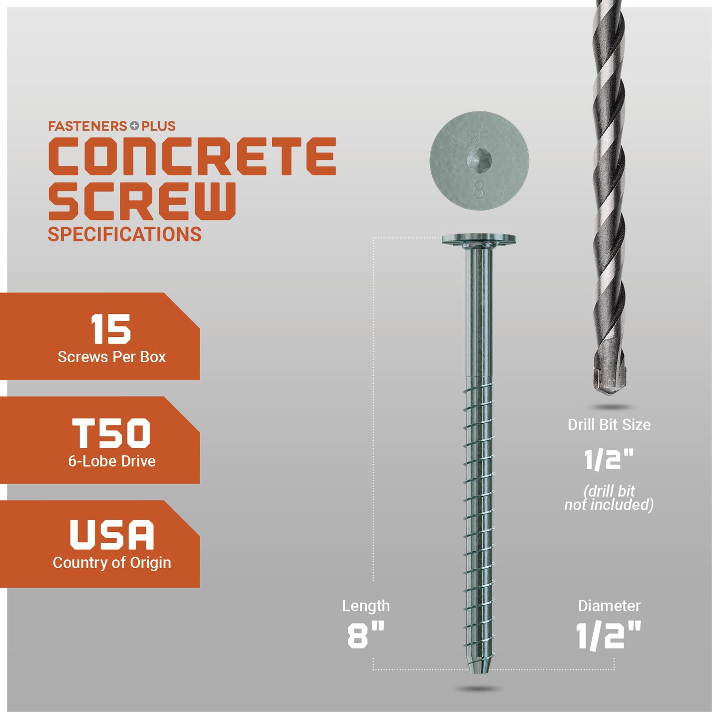 Concrete screw with drill bit on a gray background, featuring specifications.