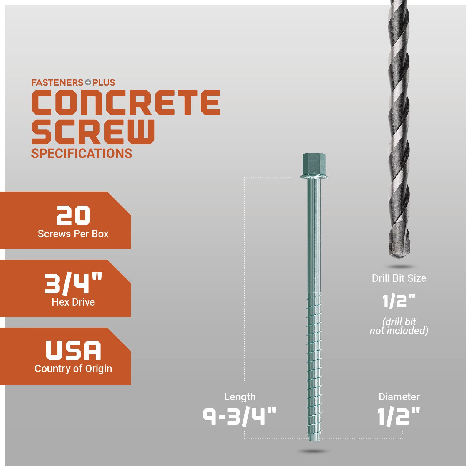 Concrete screw with specifications on a gray background