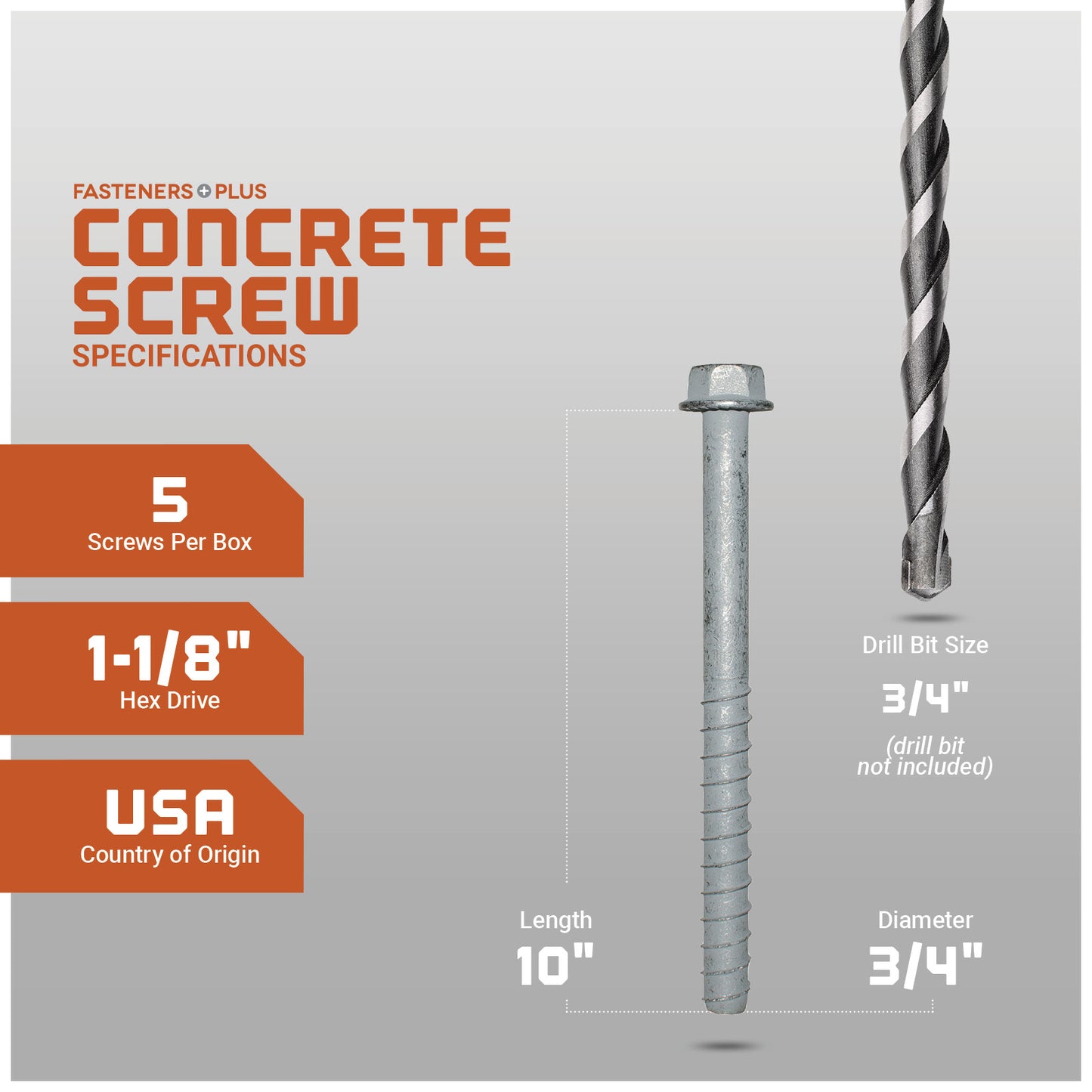 Concrete screw with specifications on a gray background
