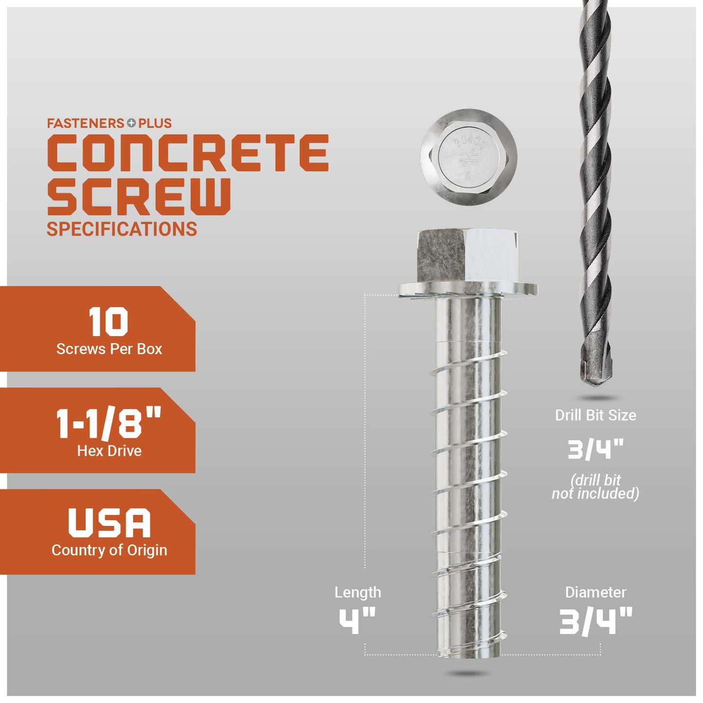 Concrete screw with drill bit on a gray background, featuring specifications.