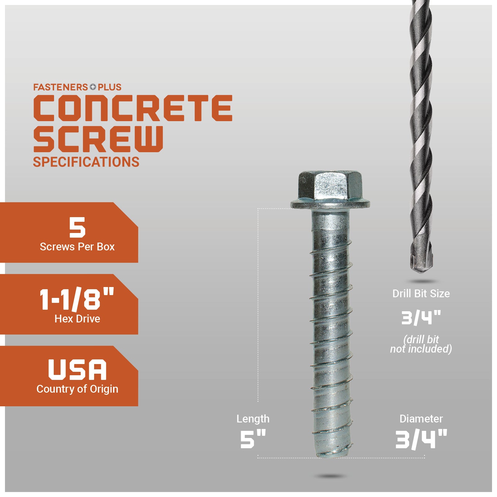 Concrete screw with specifications on a gray background