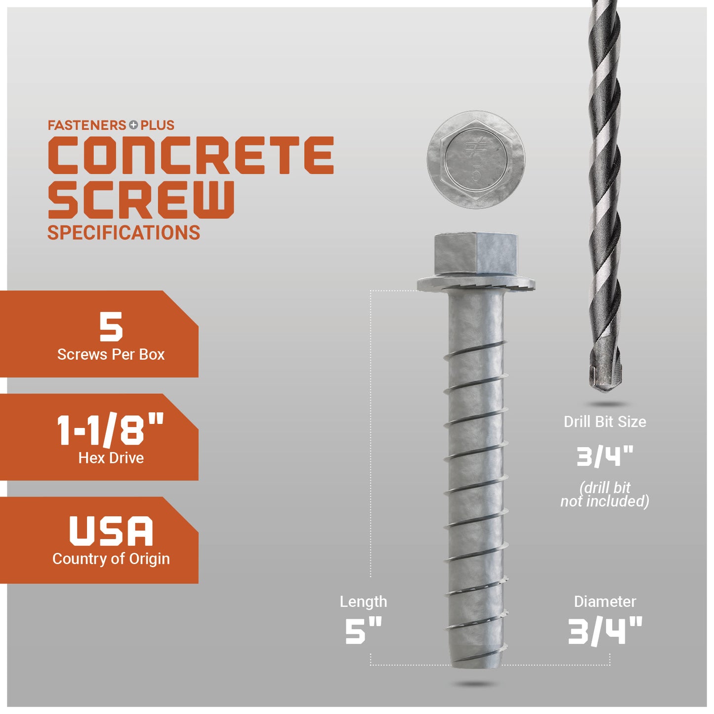 Concrete screw with drill bit on a gray background, featuring specifications.