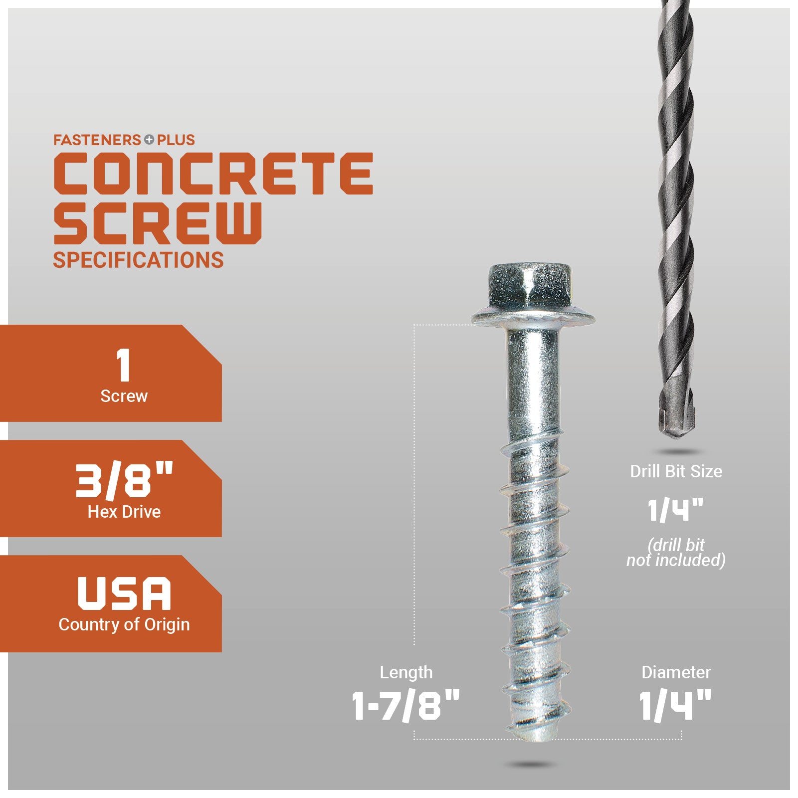 Concrete screw with specifications on a gray background