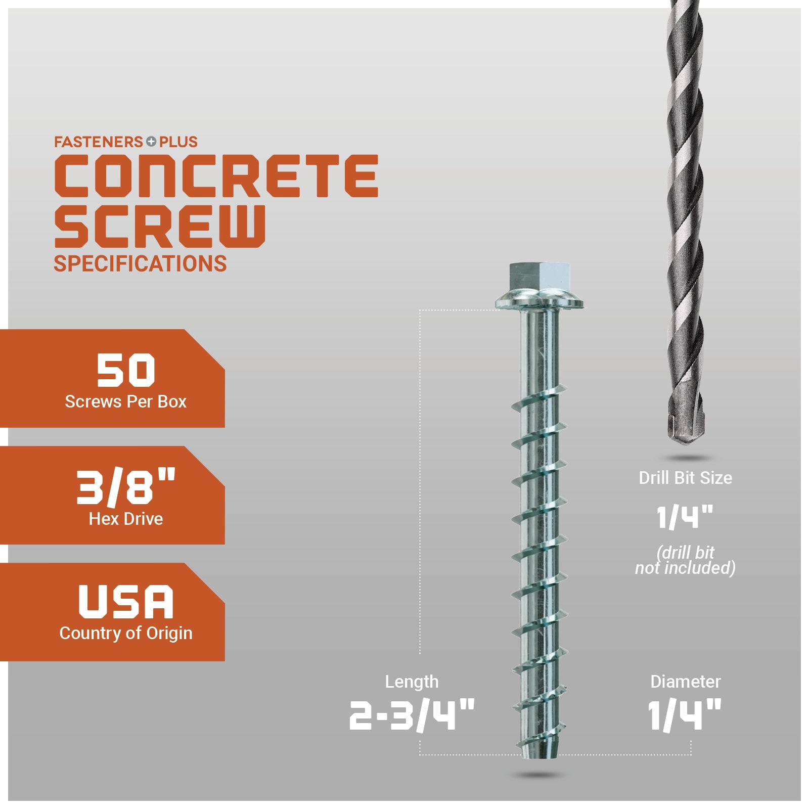 Concrete screw with specifications on a gray background